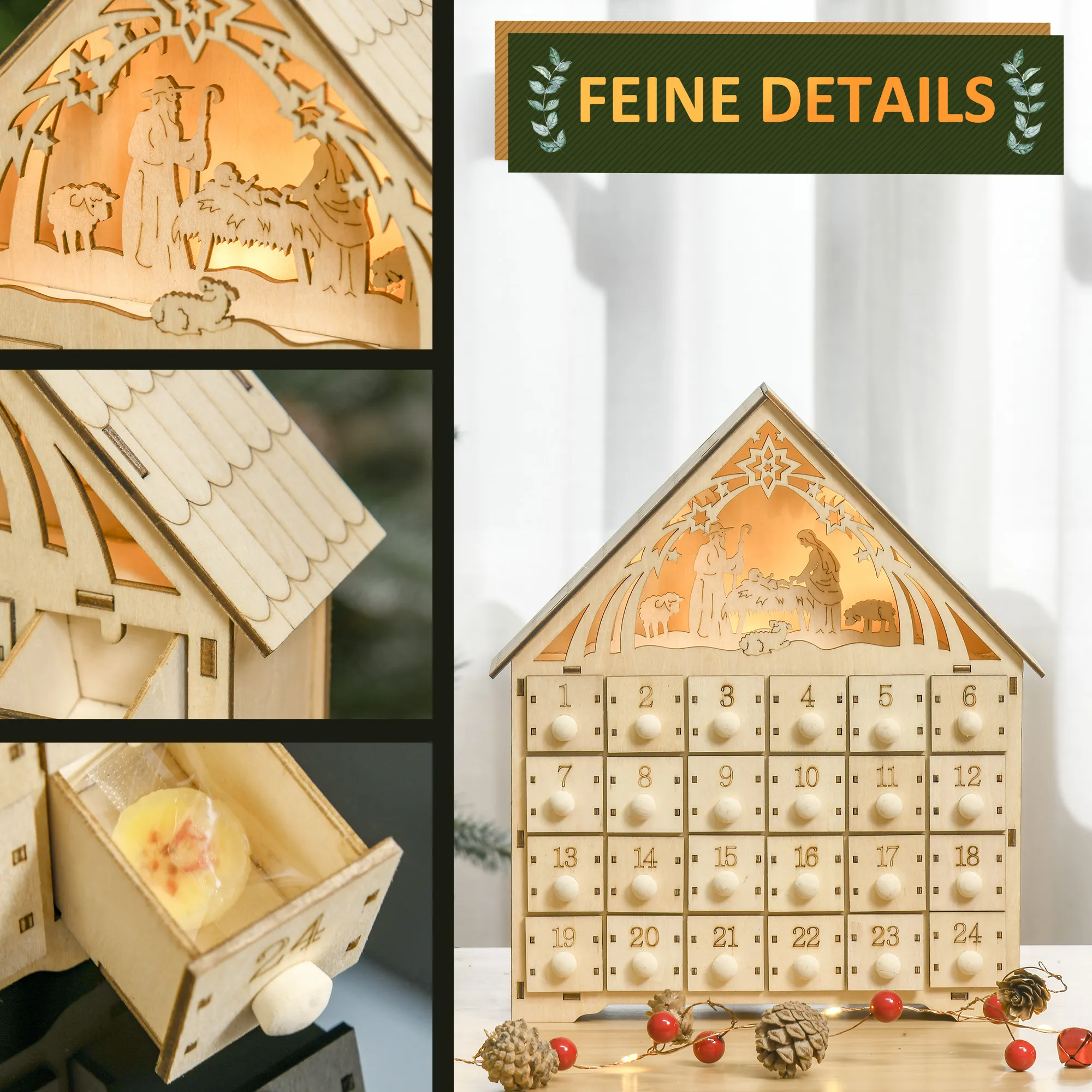 Adventskalender aus Sperrholz mit LED-Beleuchtung, Natur, 30 cm