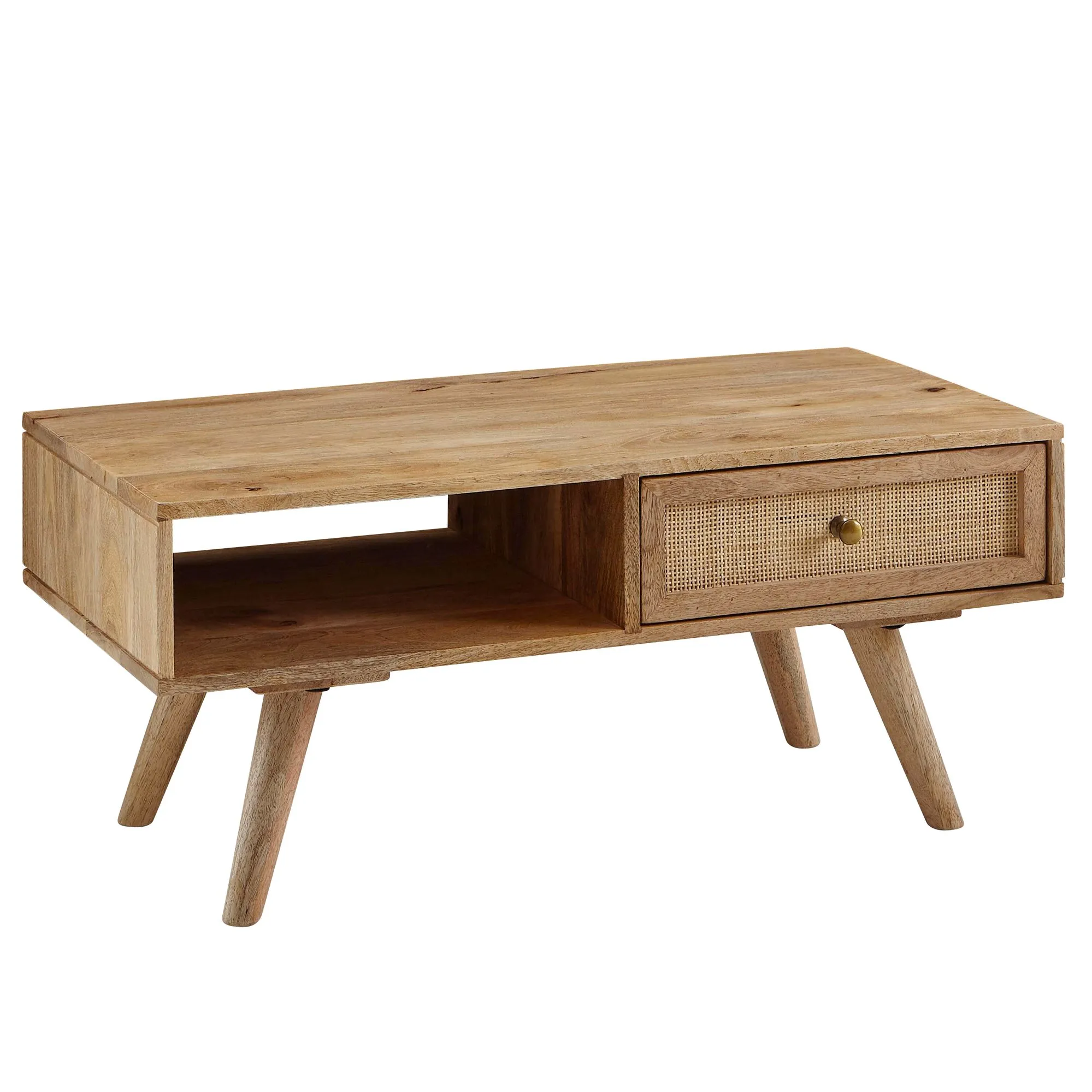 Wohnling Couchtisch 90x40x45 cm Mango Massivholz / Rattan Wohnzimmertisch Rechteckig
