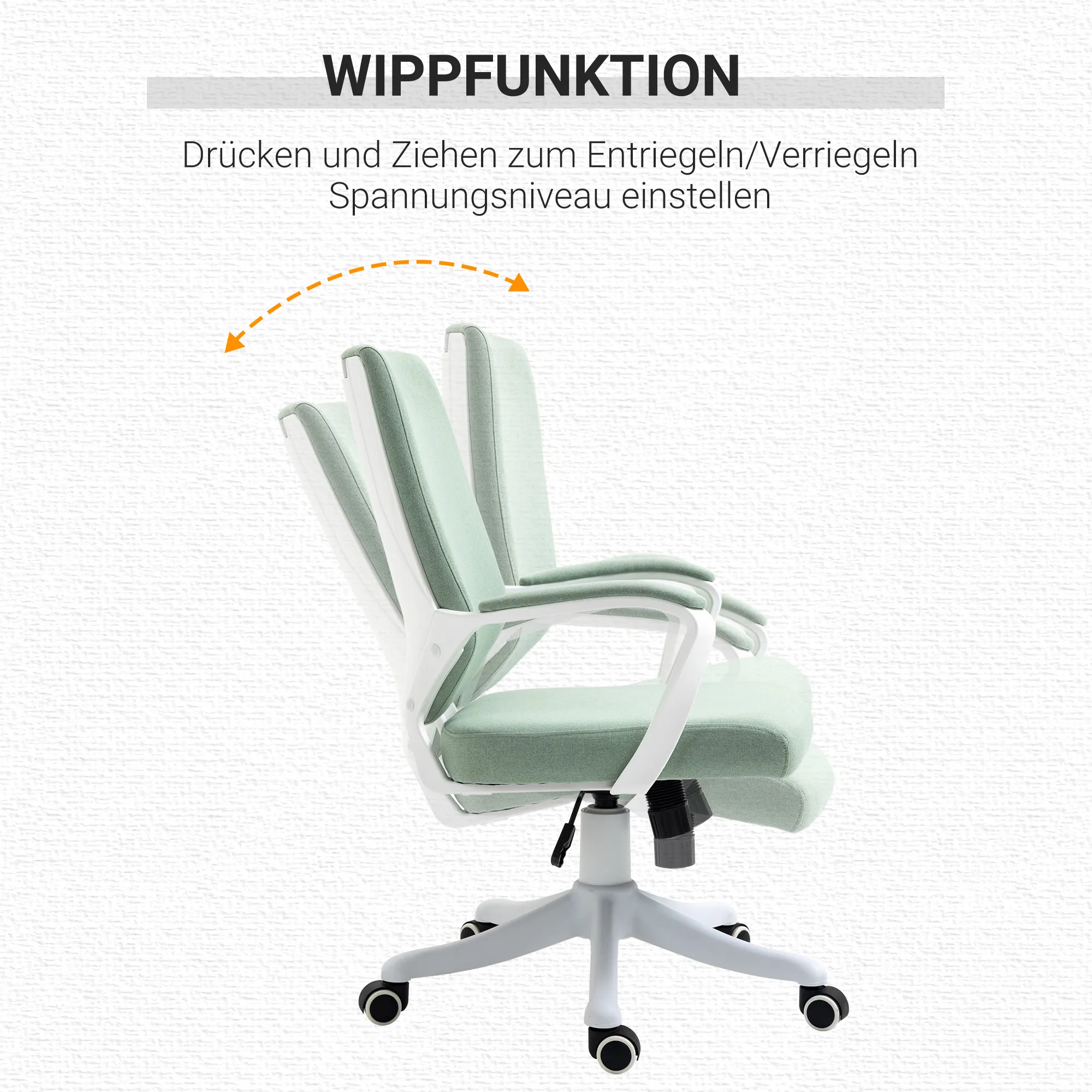 Bürostuhl Schreibtischstuhl Home-Office-Stuhl mit Wippenfunktion Rückenlehne höhenverstellbarer dick gepolstert ergonomisch 360°-Drehräder Polyester Nylon PP Grün+Weiß 62x69x92-100 cm