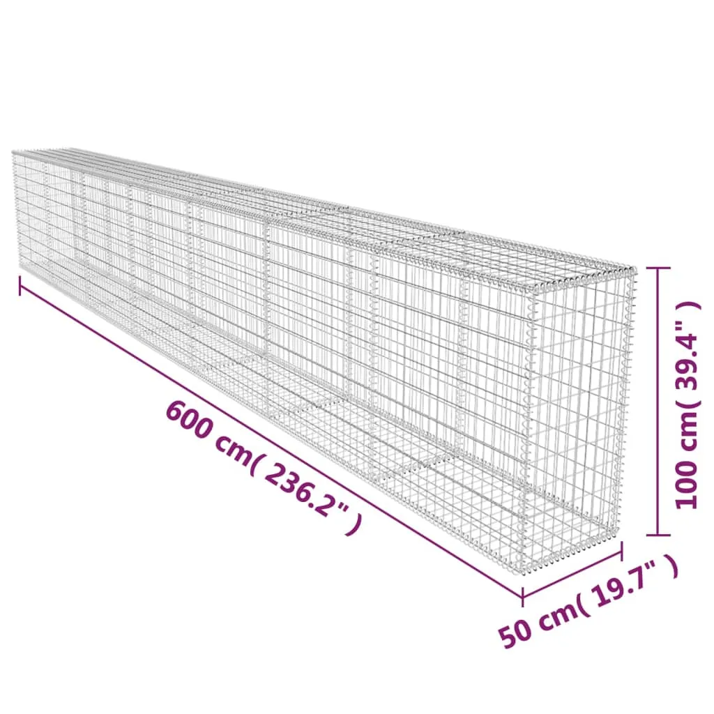 Gabionenwand 600x50x100 cm aus verzinktem Stahl, silber