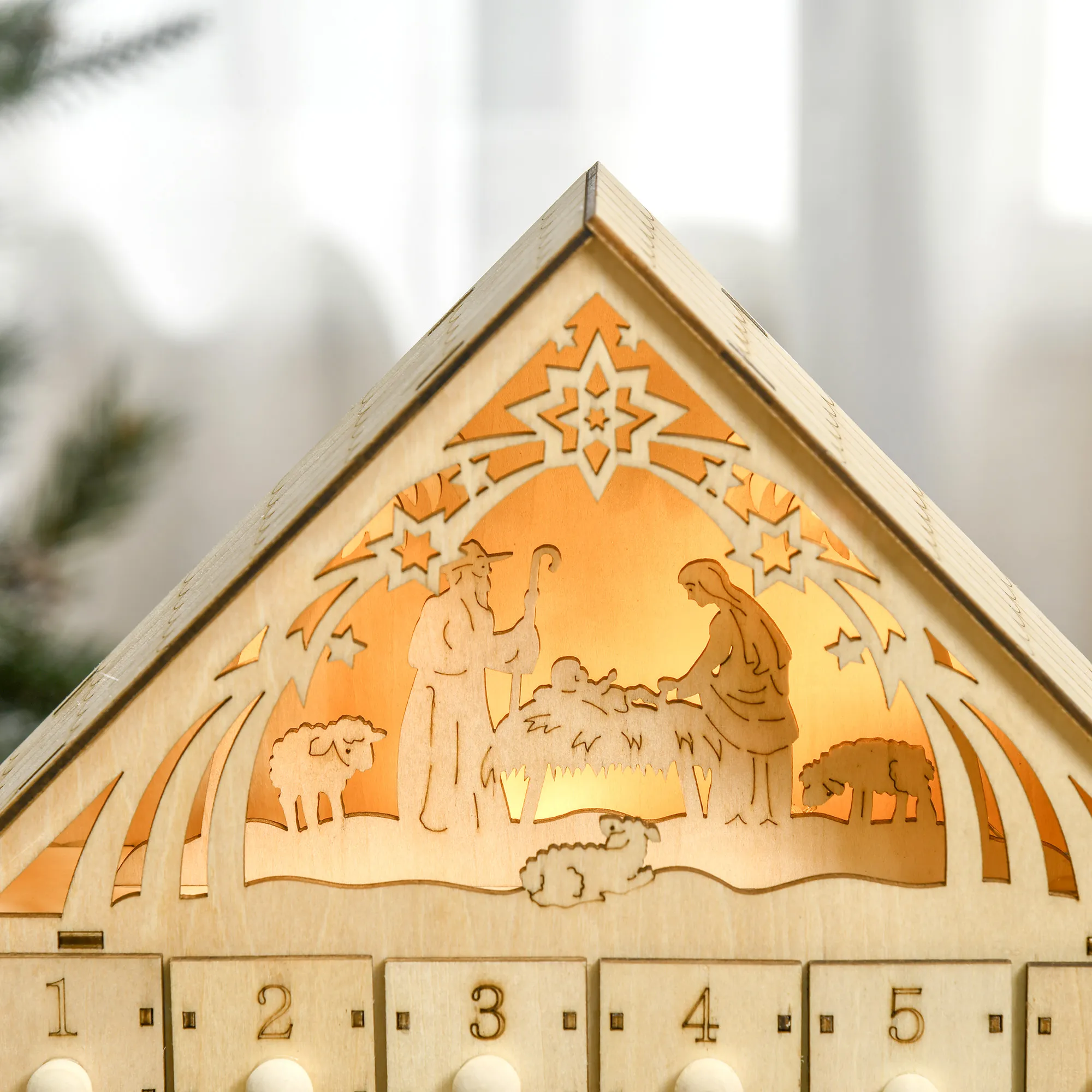 Adventskalender aus Sperrholz mit LED-Beleuchtung, Natur, 30 cm