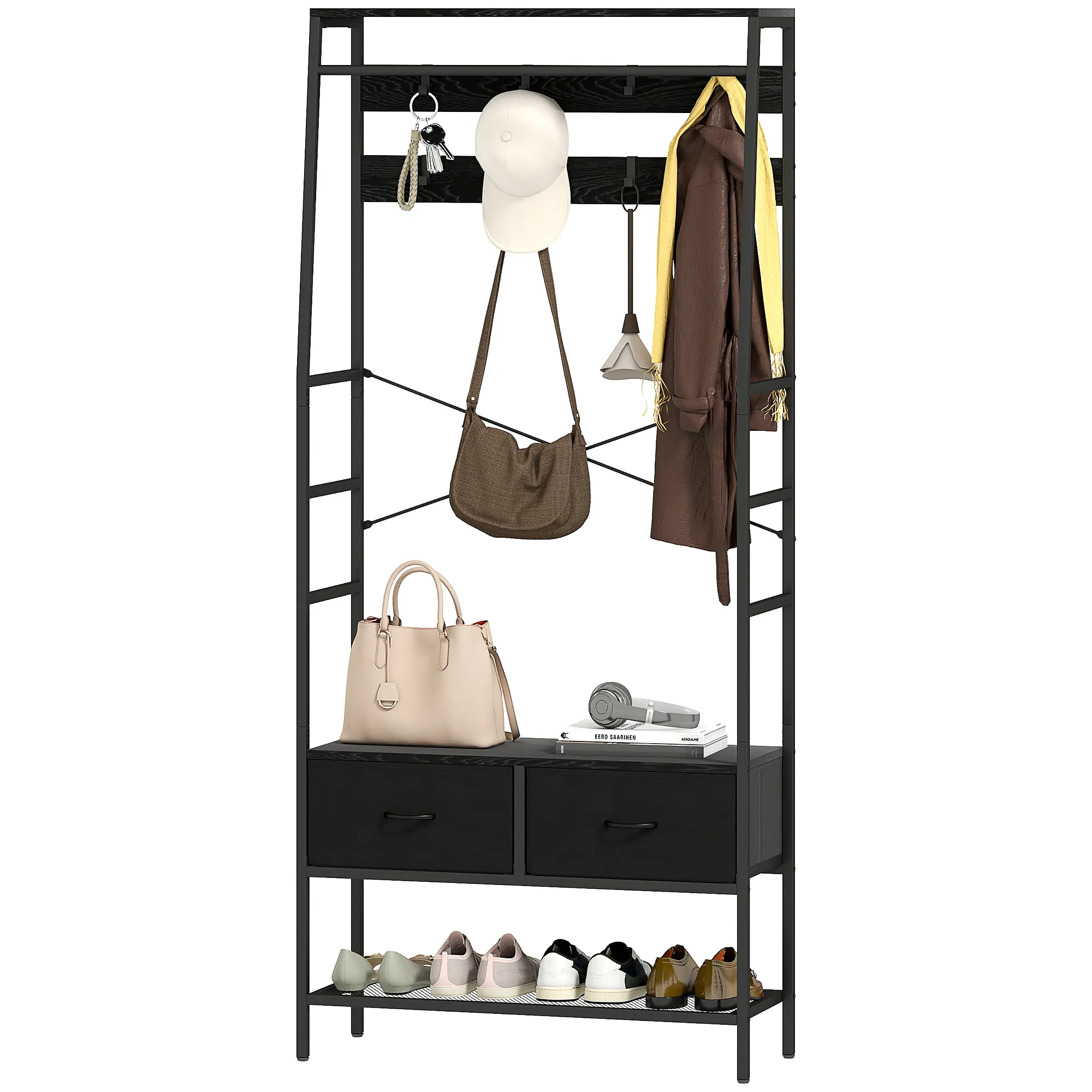Garderobenständer mit Schuhregal, Kleiderständer im Industrie-Design, 2 Stoffschubladen, 8 Haken, Metallrahmen, Schwarz