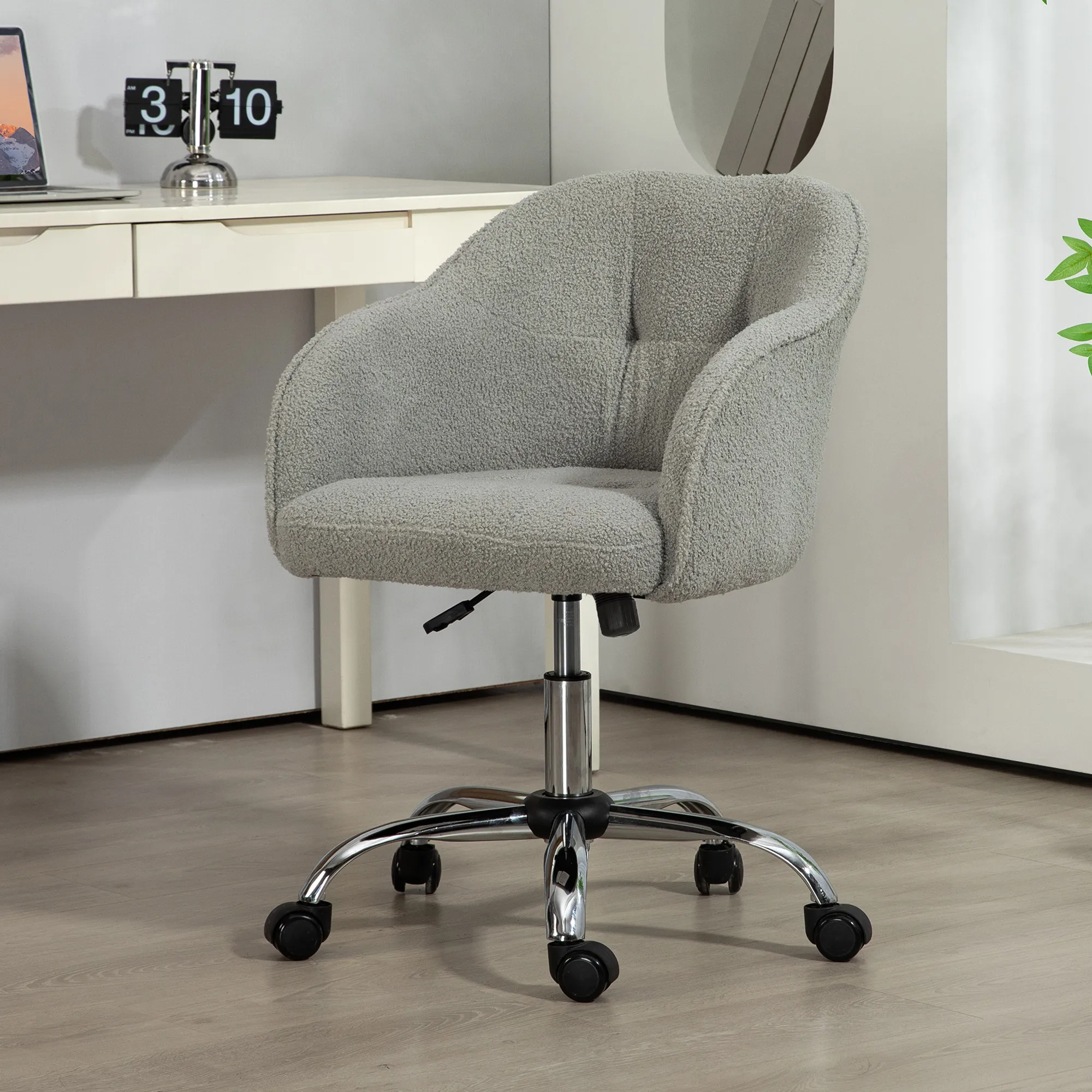 Homeoffice Stuhl, Ergonomisch Schreibtischstuhl mit Wippfunktion, Teddysamtoptik 56 x 61 x 86 cm Grau