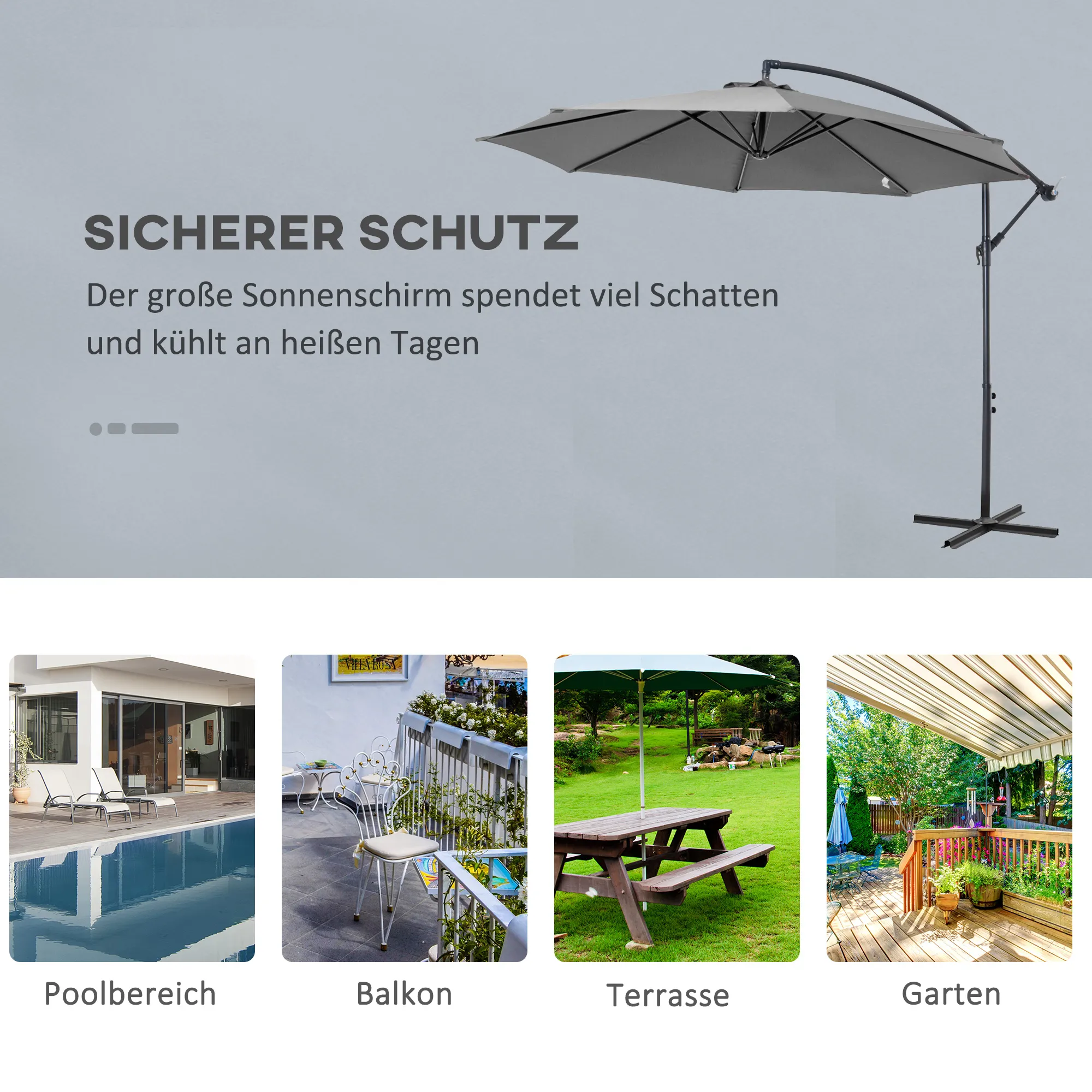 Ampelschirm Ø2,95m x 2,45m Grau für Garten und Terrasse