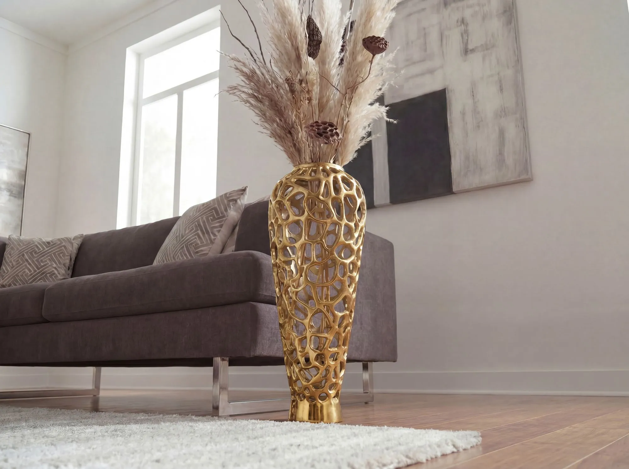 Bodenvase Aluminium 85cm Gold - Design Blumenvase Groß - Metallvase Modern - Dekovase rund für Trockenblumen - XXL Standvase Hoch - Wohnzimmer Deko - Wohndeko Handmade