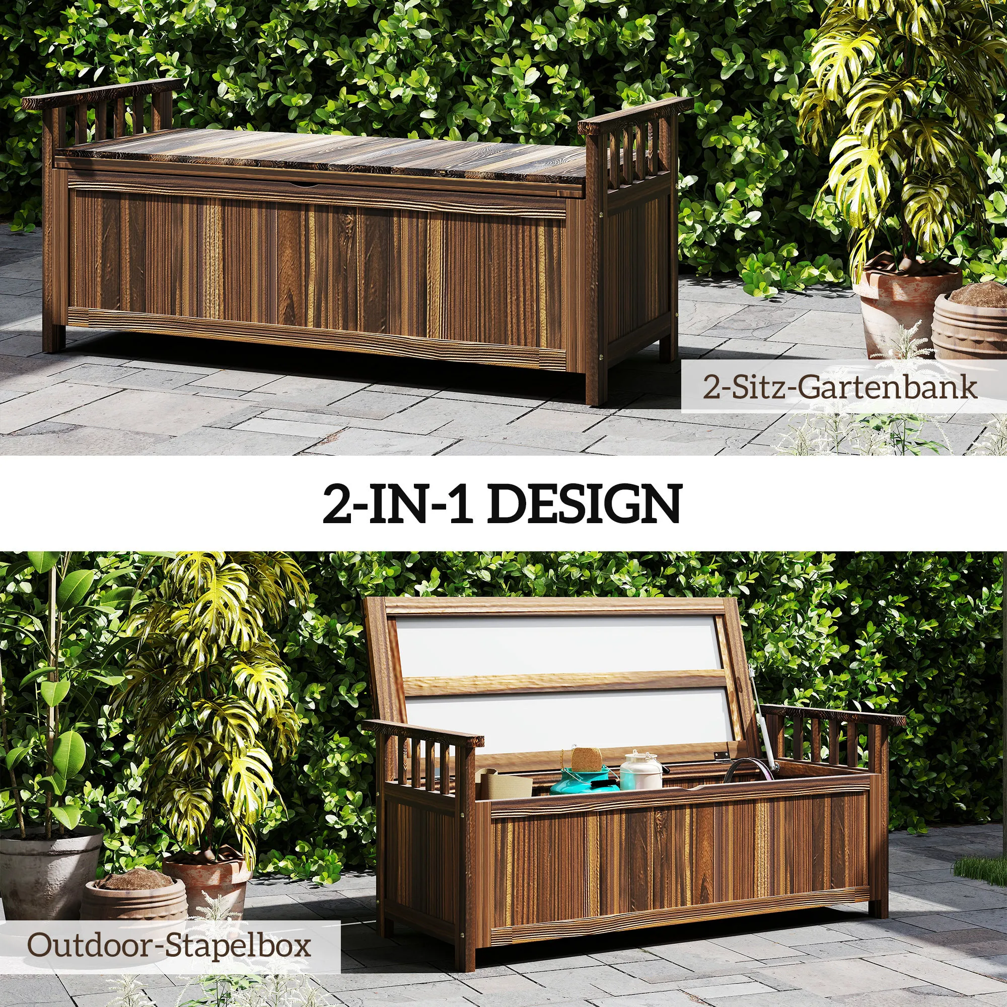 2-Sitzer Gartenbank Holz, wetterfest Sitzbank, Gartenmöbel mit Stauraum Armlehnen 128,5 x 52 x 53,5cm, Verkohlt