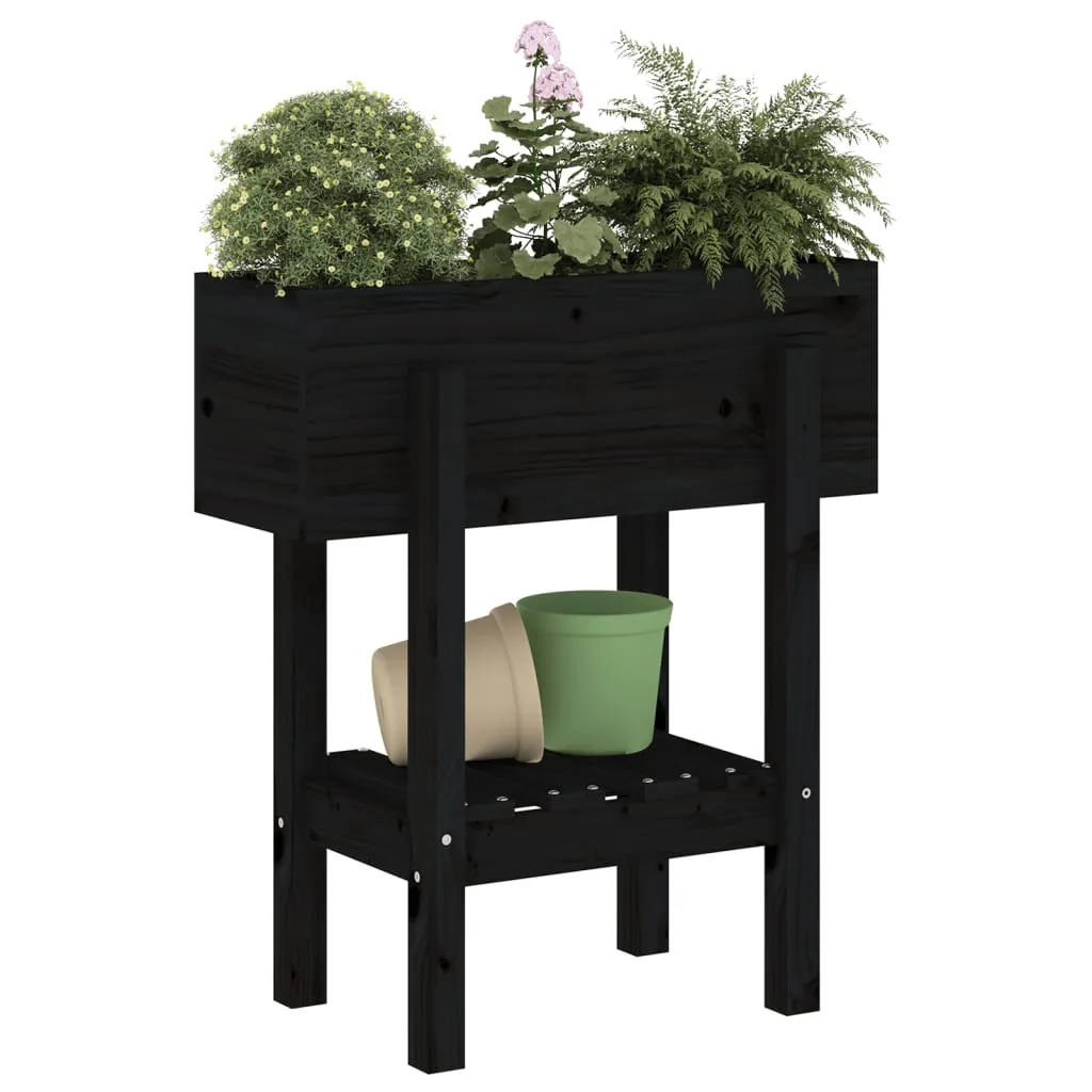 Pflanzkübel aus Massivholz 62 x 30 x 69 cm Schwarz mit Ablage