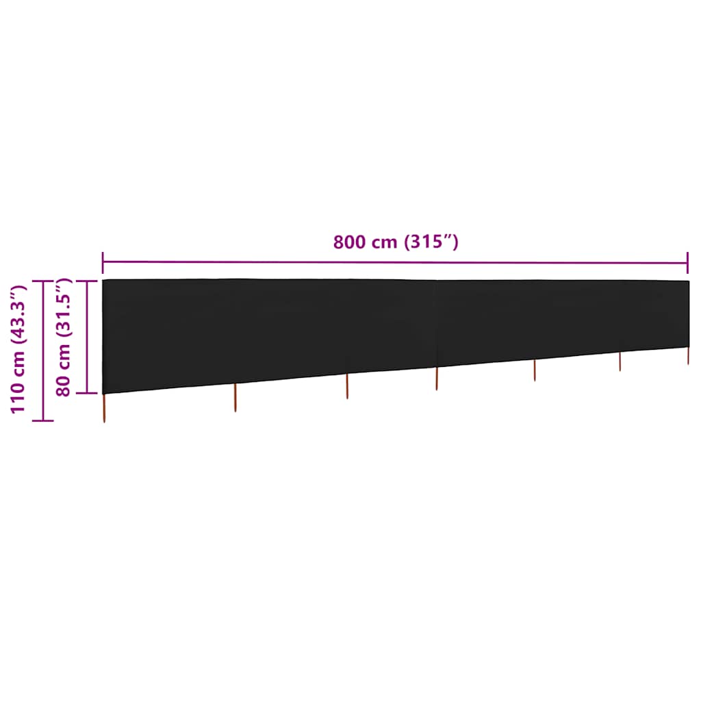 6-teiliger faltbarer Windschutz 800x80 cm Schwarz mit Massivholzpfählen