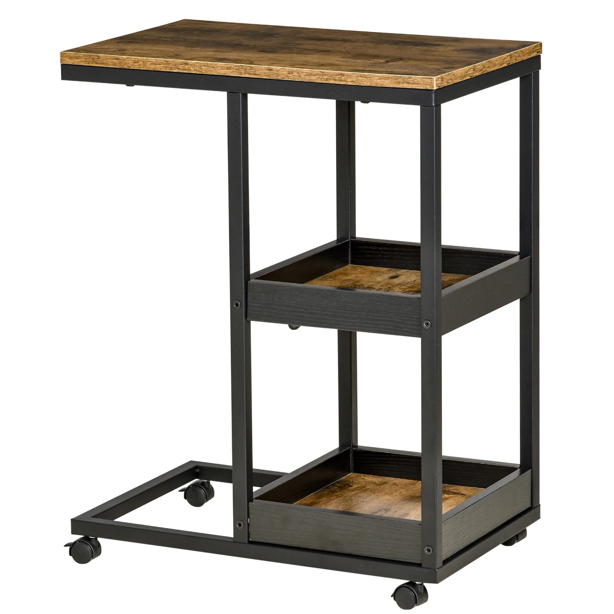 Beistelltisch mit Rädern für Sofa oder Bett, Industriestil, Stahl und Holz, Braun und Schwarz