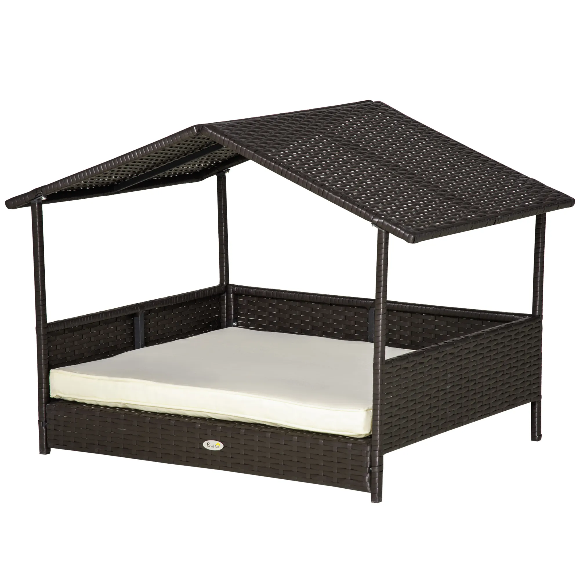 Hundeliege Outdoor mit Dach aus PE Rattan, 69 x 98 x 70 cm, Braun