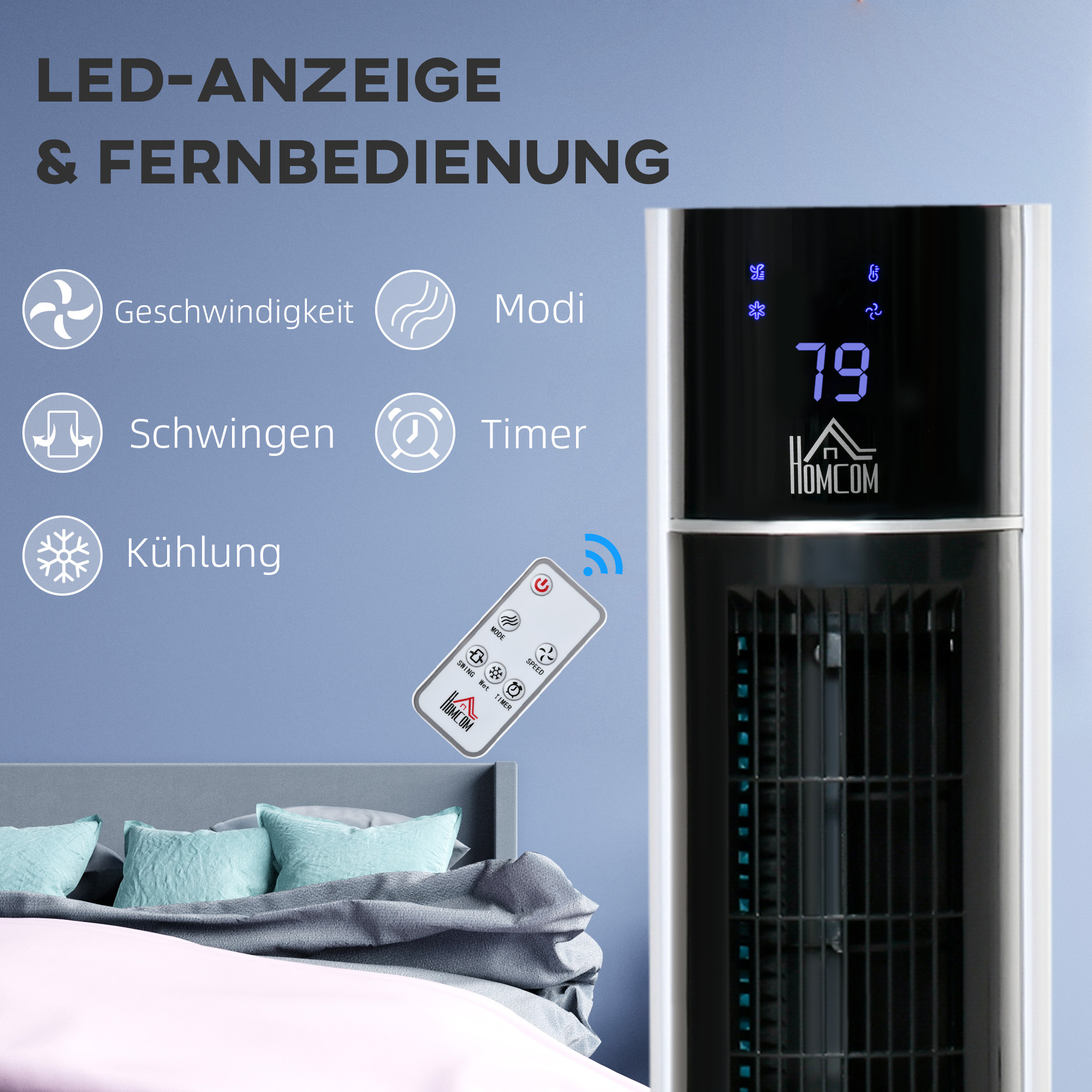 Säulenventilator mit Luftbefeuchter 33L x 26B x 105H cm Schwarz+Weiß