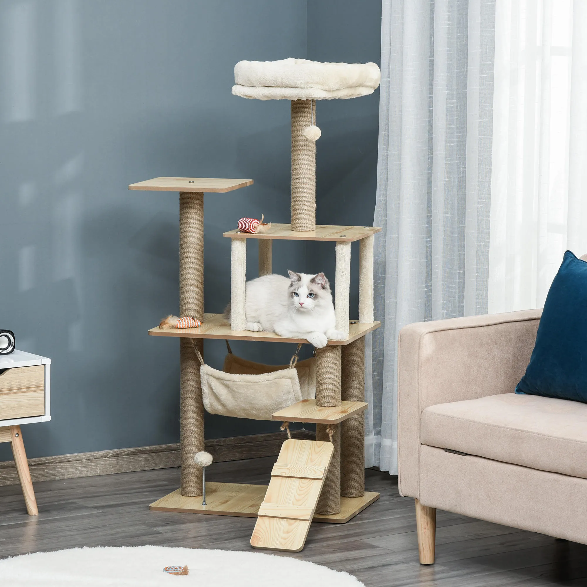 Kratzbaum für Katzen mit Höhle und Plattform, 130 cm, Gelb