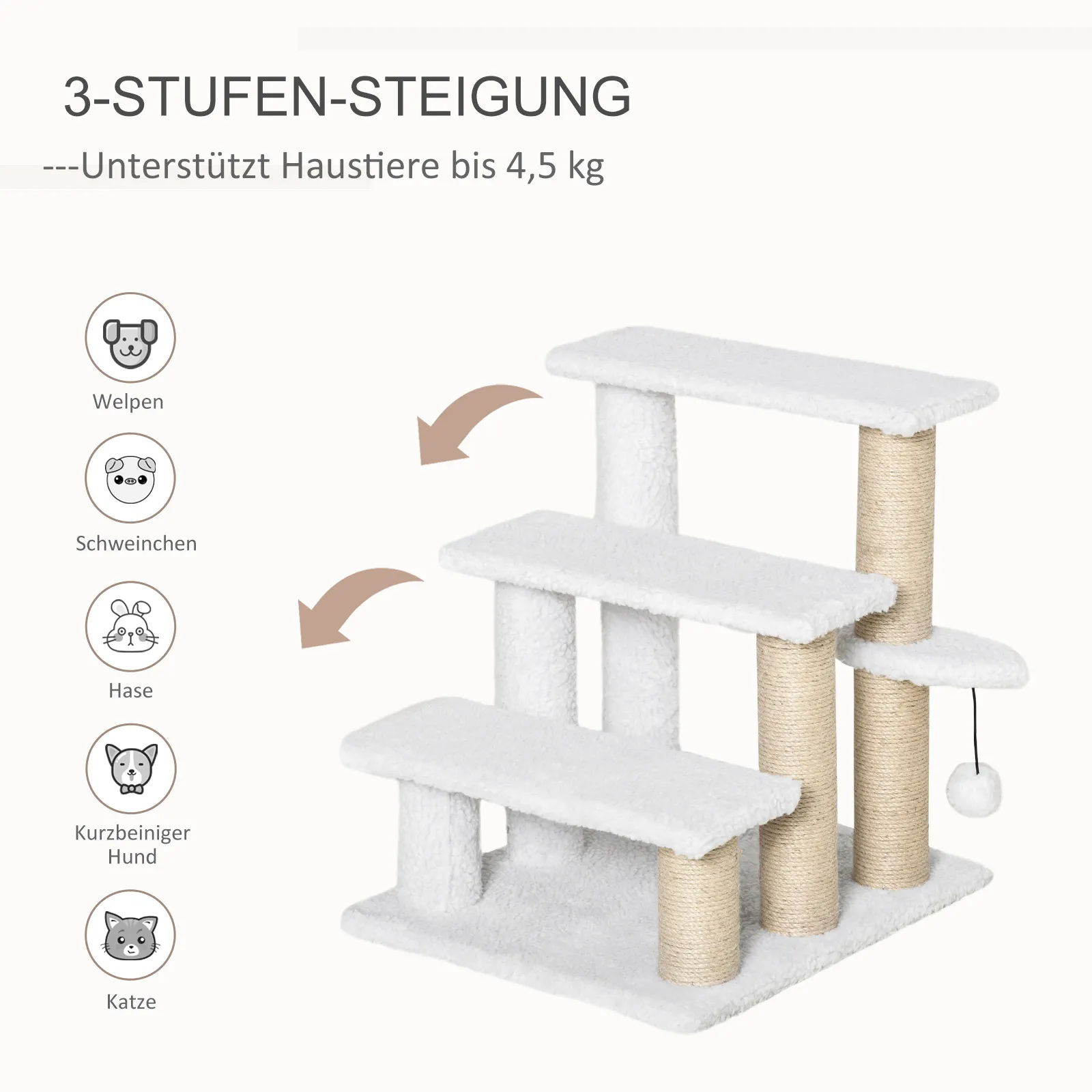 Katzentreppe mit Kratzsäulen und Spielball, Plüsch, Weiß, 48 cm hoch