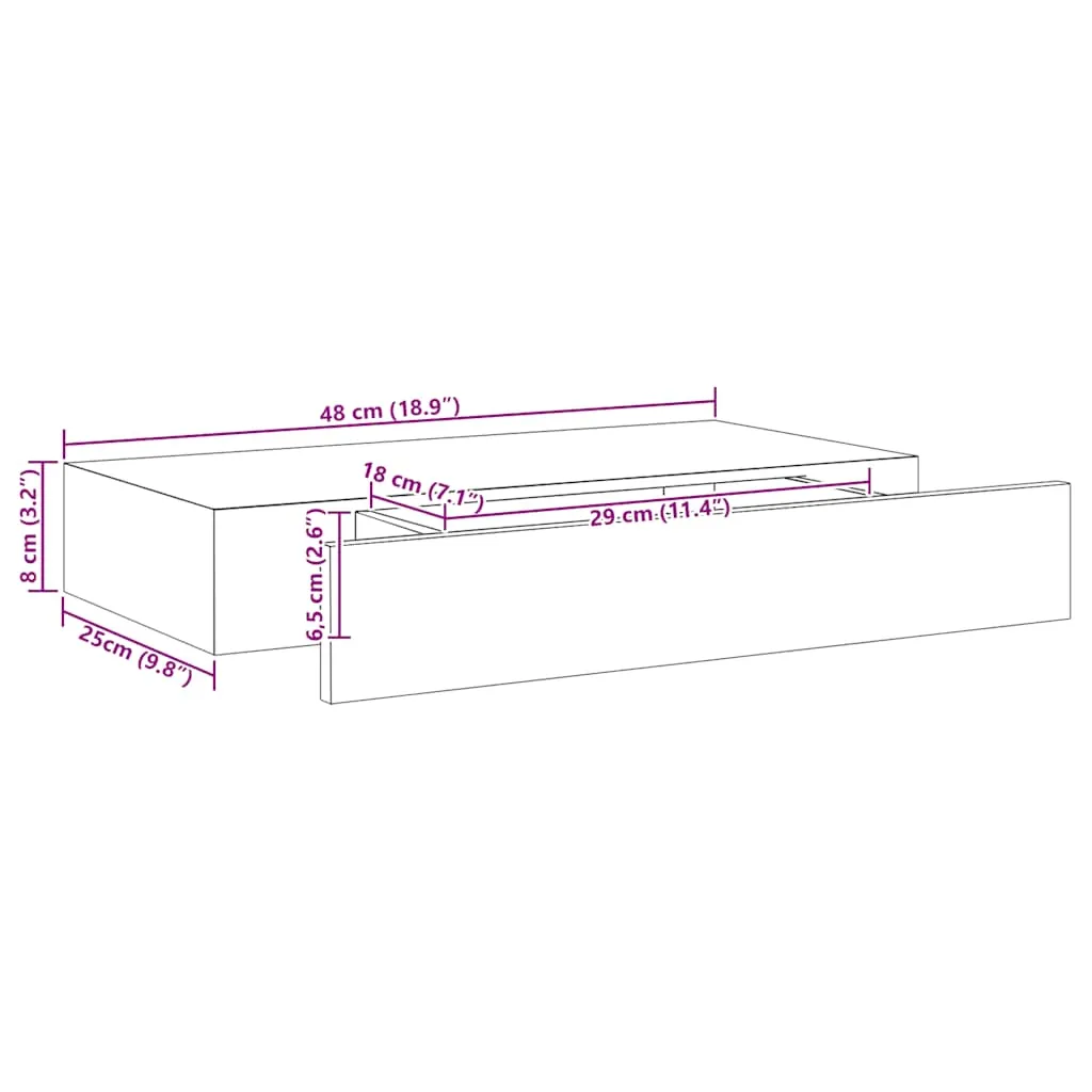 Schweberegal Schwarz 48 x 25 x 8 cm mit Schublade