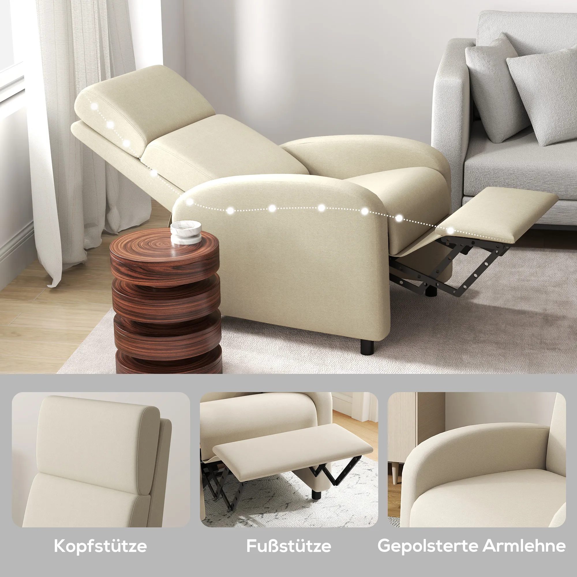 Relaxsessel Fernsehsessel, ausklappbare Fußstütze, neigbar bis zu 160°, 64 x 86 x 102 cm, Creme