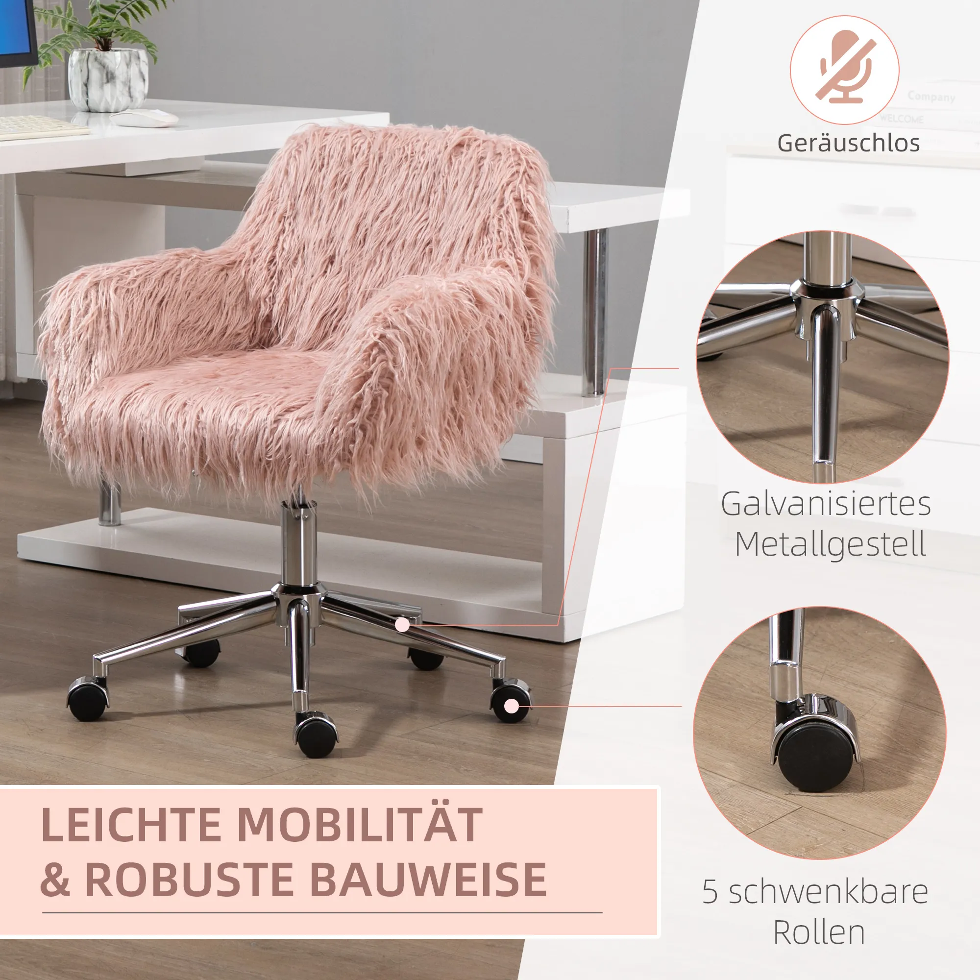 Chefsessel Drehstuhl Computerstuhl Schminkstuhl mit Kunstfell Sitzhöhenverstellung für Mädchen Kunstpelz Schaumstoff Rosa+Silber 57 x 60 x 75-85 cm
