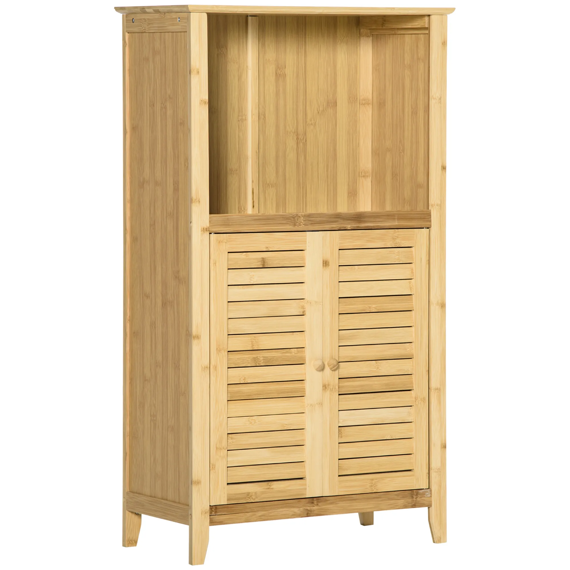 Badezimmerschrank Badschrank Standregal mit 2 Lamellentüren, offenem Regal, Bambus, Aufbewahrungsschrank Schrank für Badezimmer, Wohnzimmer 50 x 25,5 x 92cm Natur