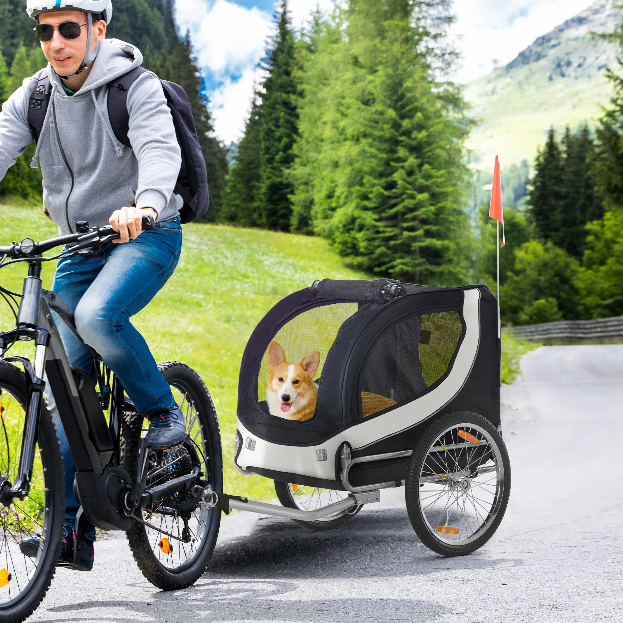 Hundeanhänger für Fahrrad bis 20kg mit Universalkupplung Weiß-Schwarz