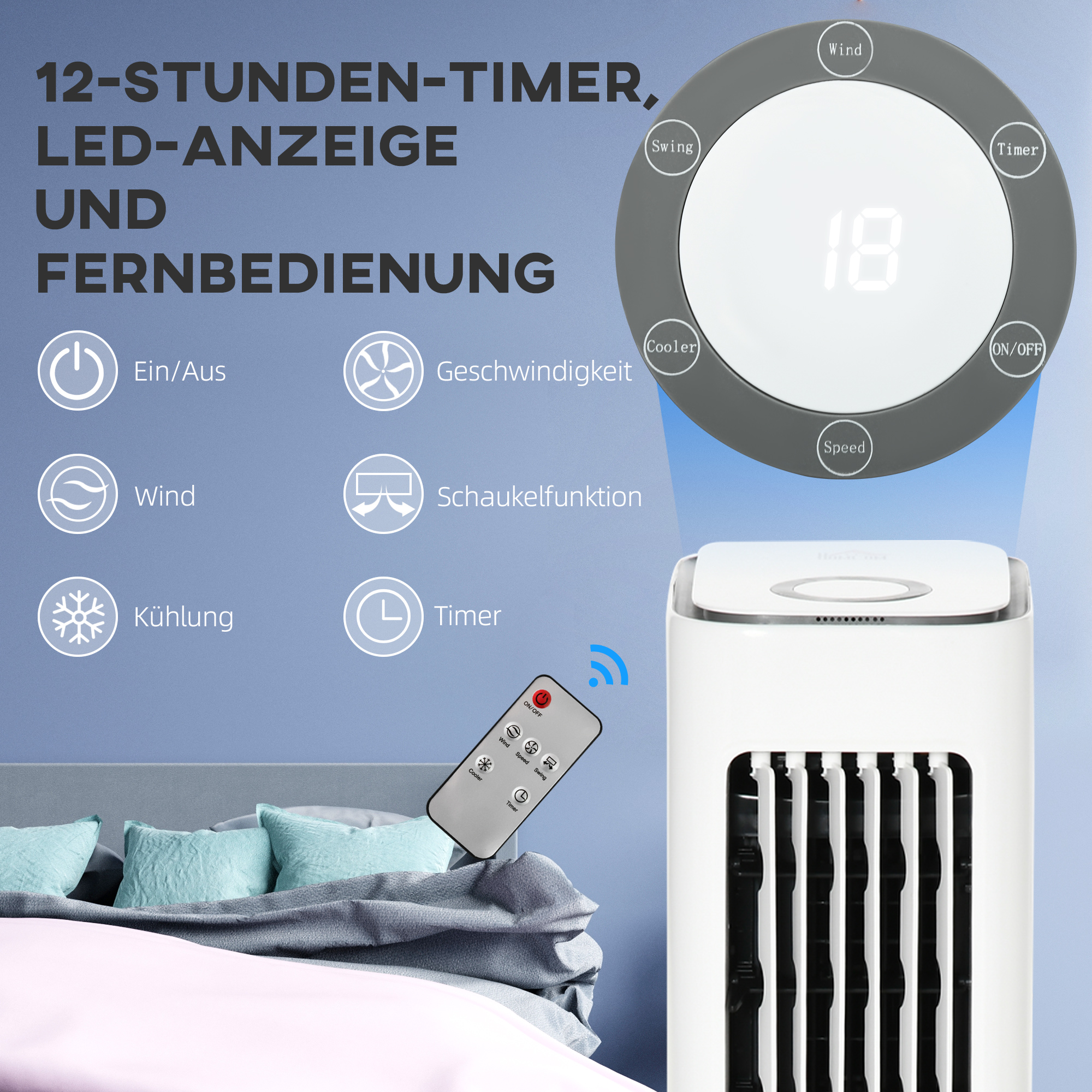 2 in 1 Luftkühler mit Wasserkühlung 5L Wassertank, 12h Timer, für 20 ㎡