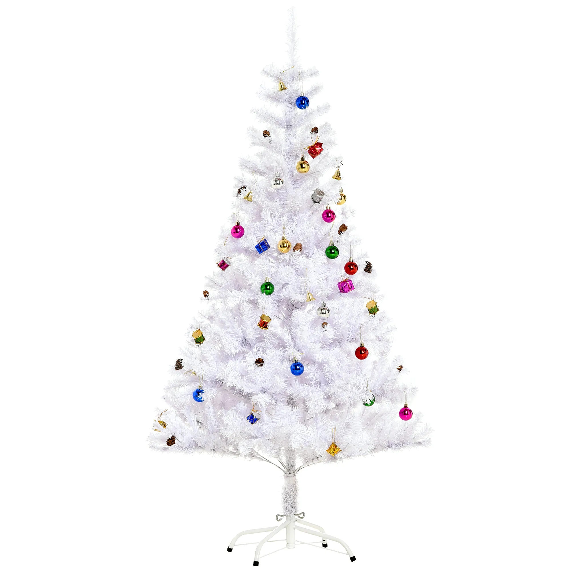 Künstlicher Weihnachtsbaum Weiß 150 cm mit Deko und Metallständer