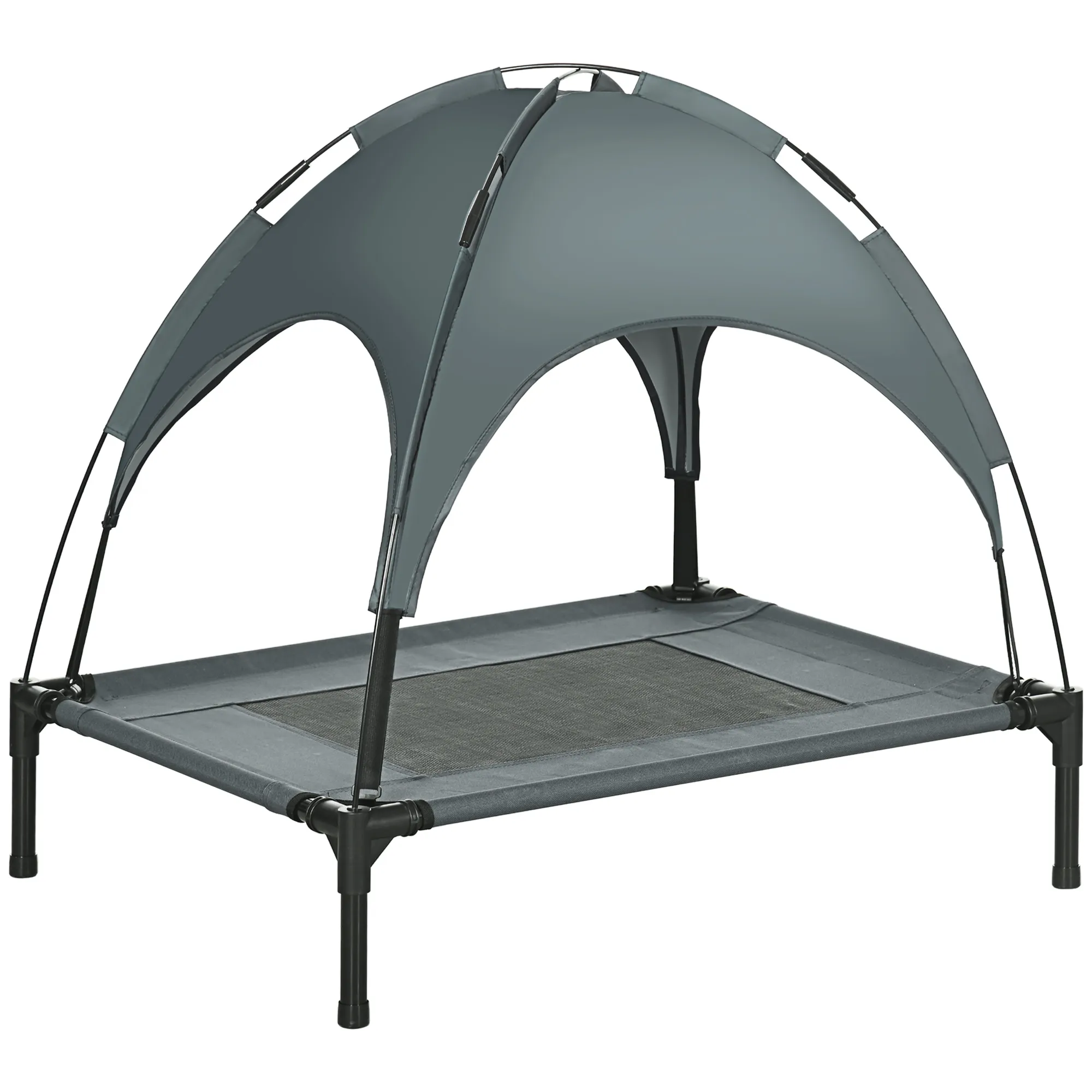 Erhöhtes Hundebett mit Baldachin, Haustierbett, Hundeliege outdoor mit Dach, Atmungsaktiv, Taftstoff für Camping Grau 76 x 61 x 73 cm