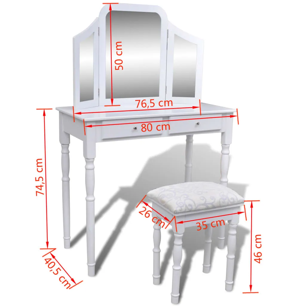 Schminktisch-Set Weiß Massivholz 80x40,5x74,5 cm mit Hocker