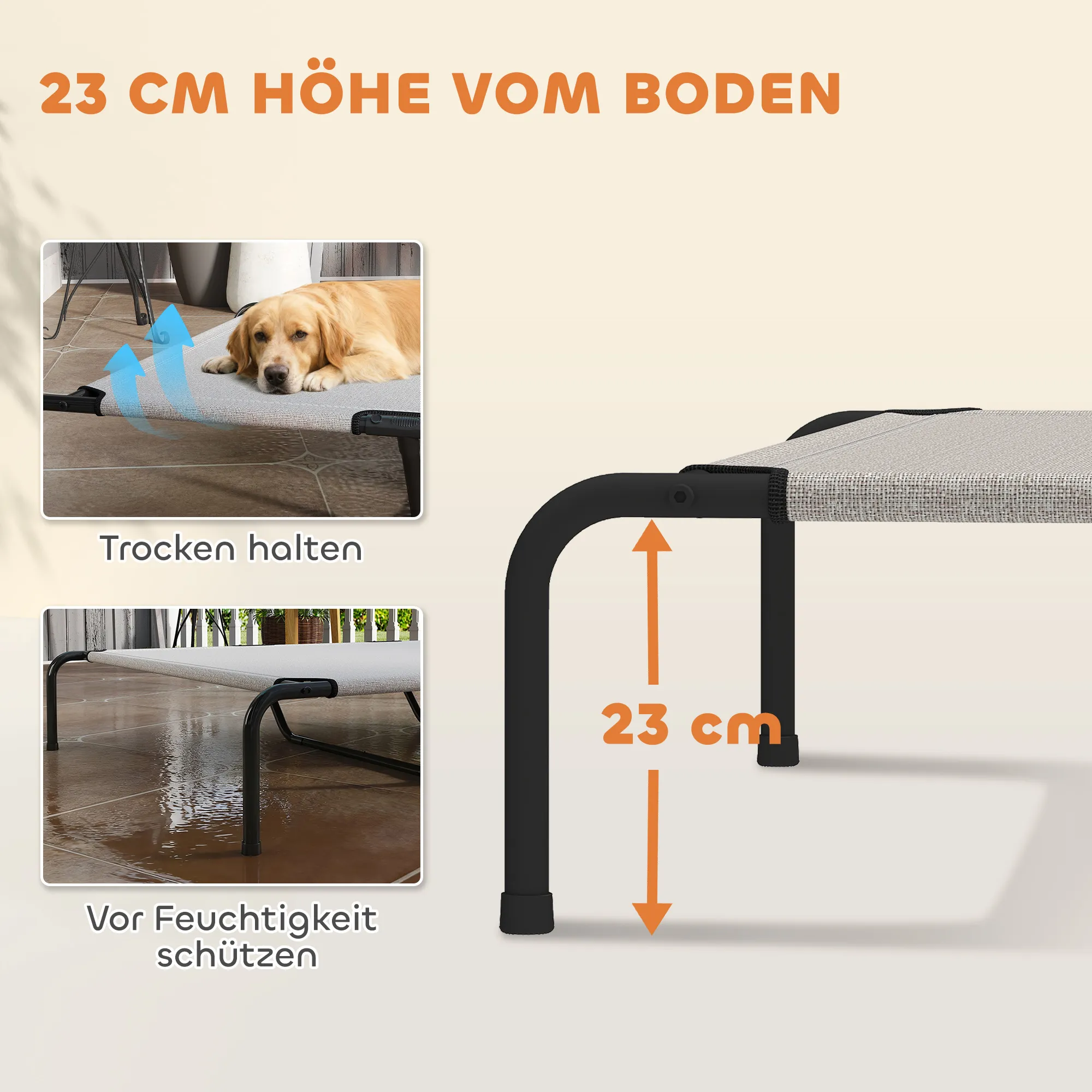 Hundebett Outdoor erhöht für große Hunde, Stahl, 152x94x23 cm, Beige