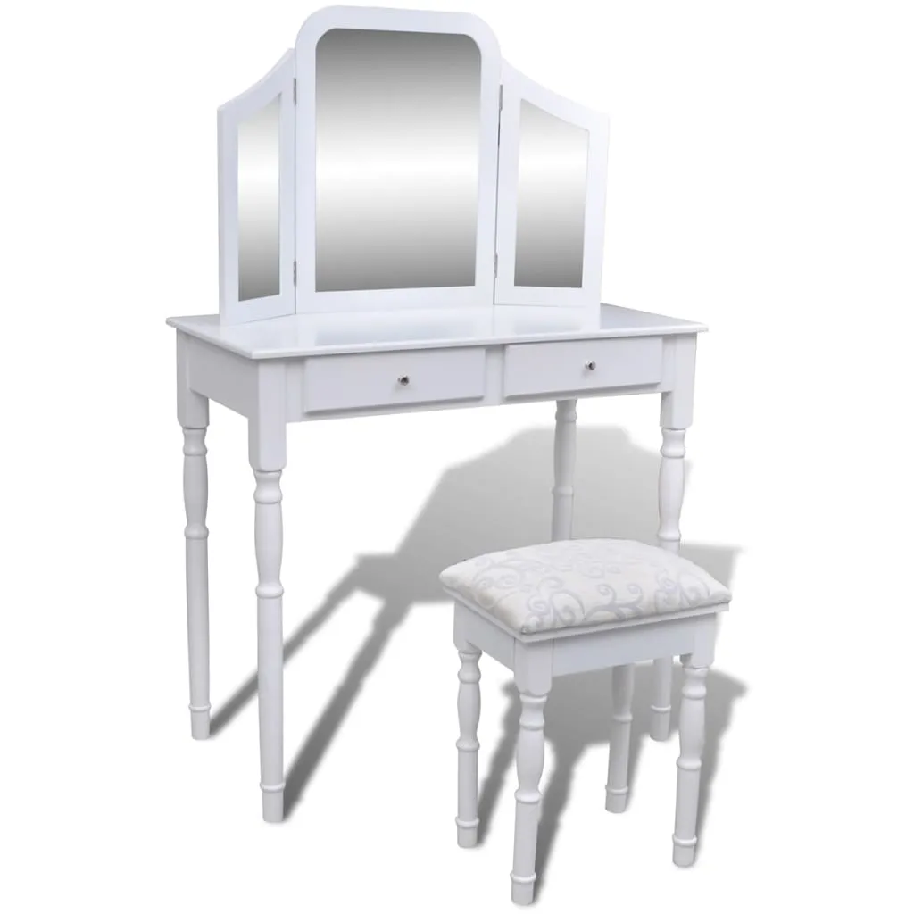 Schminktisch-Set Weiß Massivholz 80x40,5x74,5 cm mit Hocker