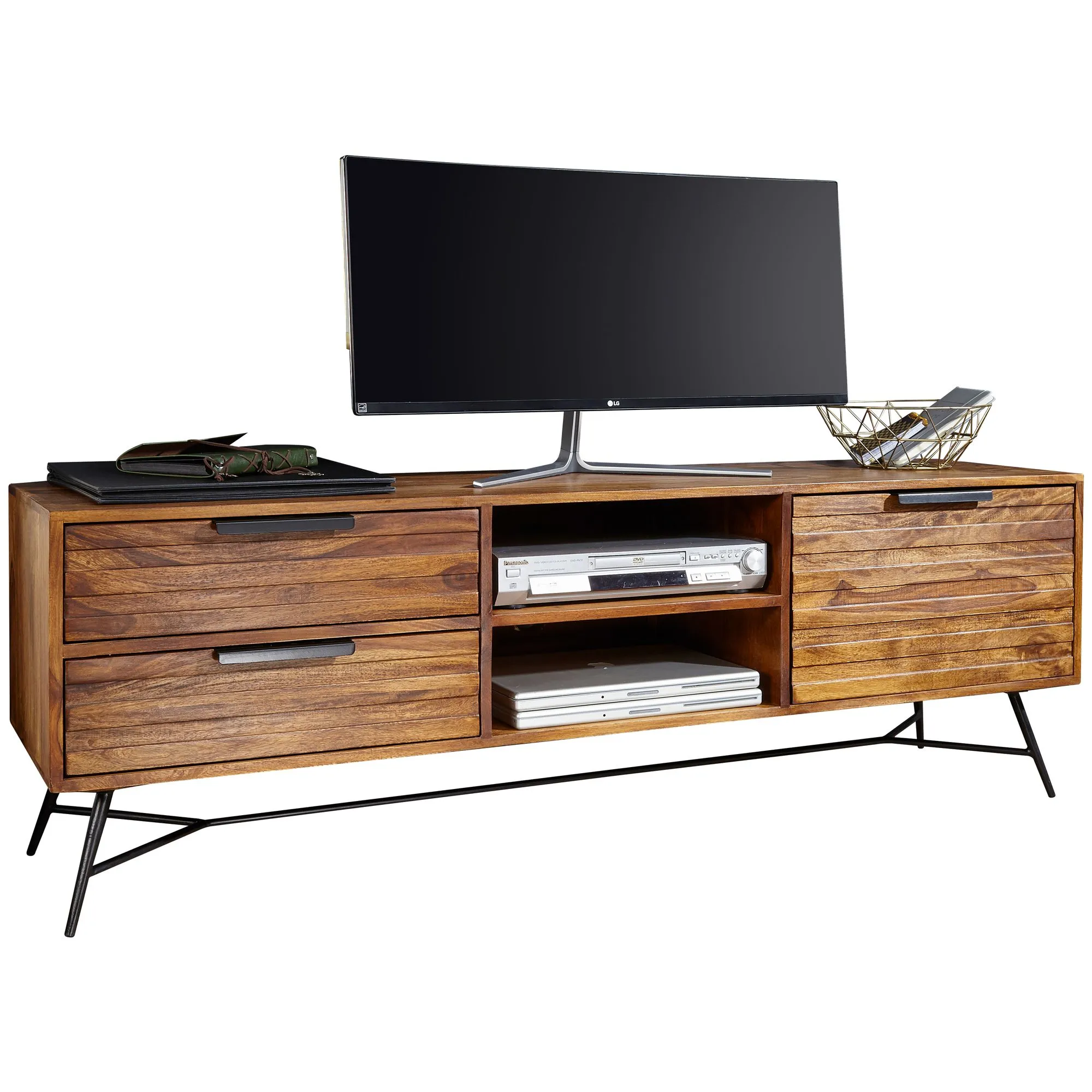 tinkaro Lowboard rechteckig CALUM Sheesham Massiv Holz Hifi-Board Braun