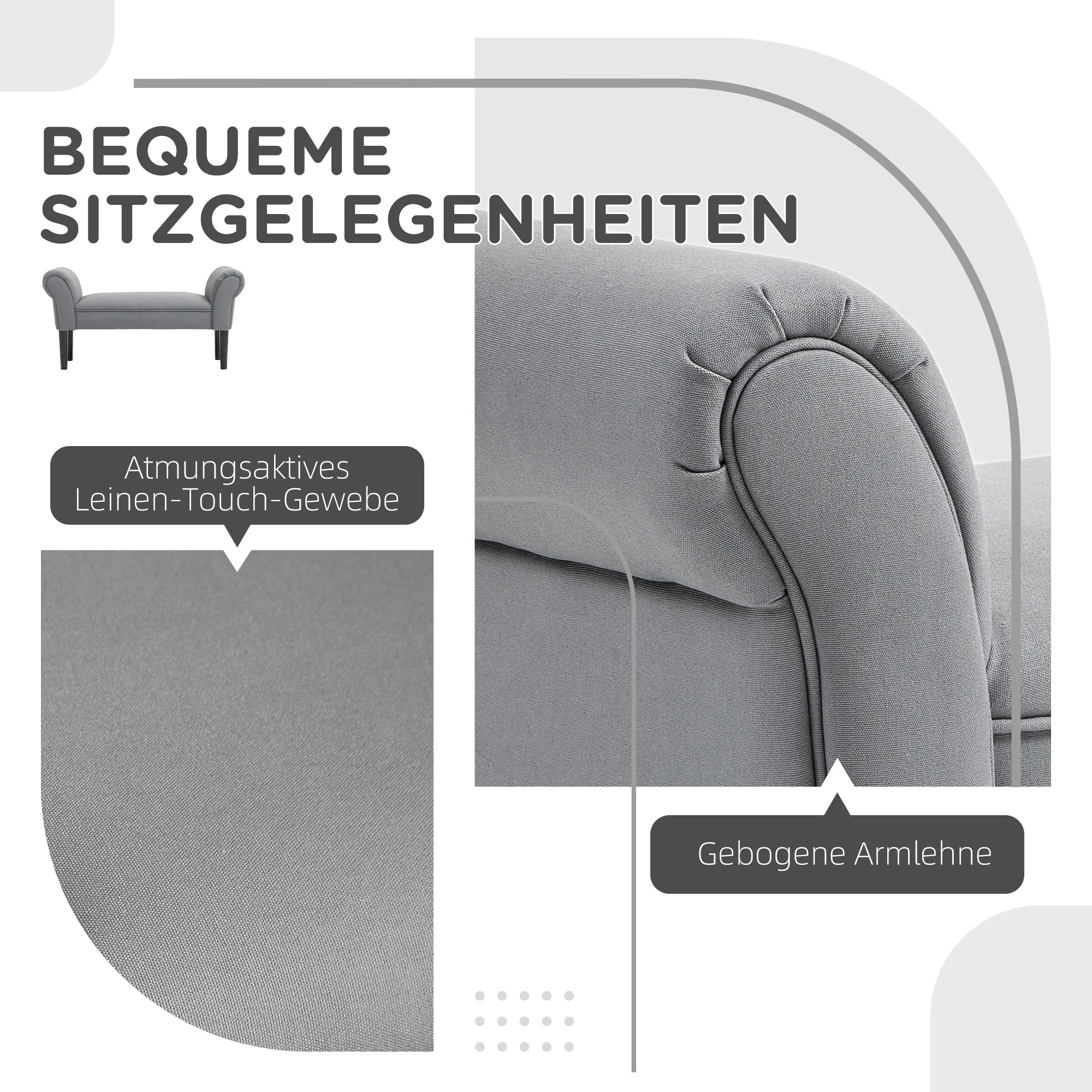 Sitzbank, Bettbank, robuste Bauweise, weiche Polsterung, 102x36x51 cm, Grau