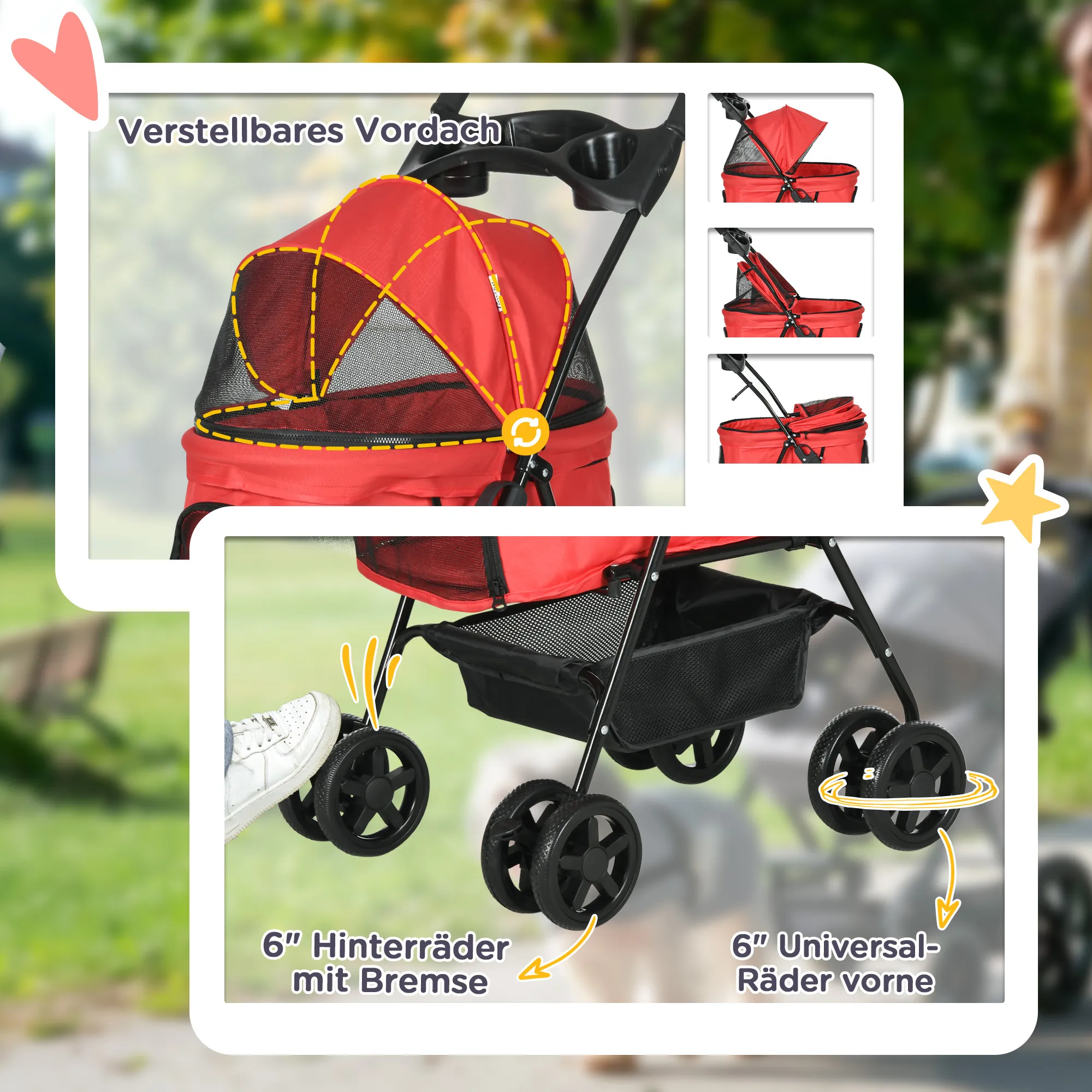 Hundebuggy Rot 67L x 45B x 96H cm für kleine Hunde bis 4 kg