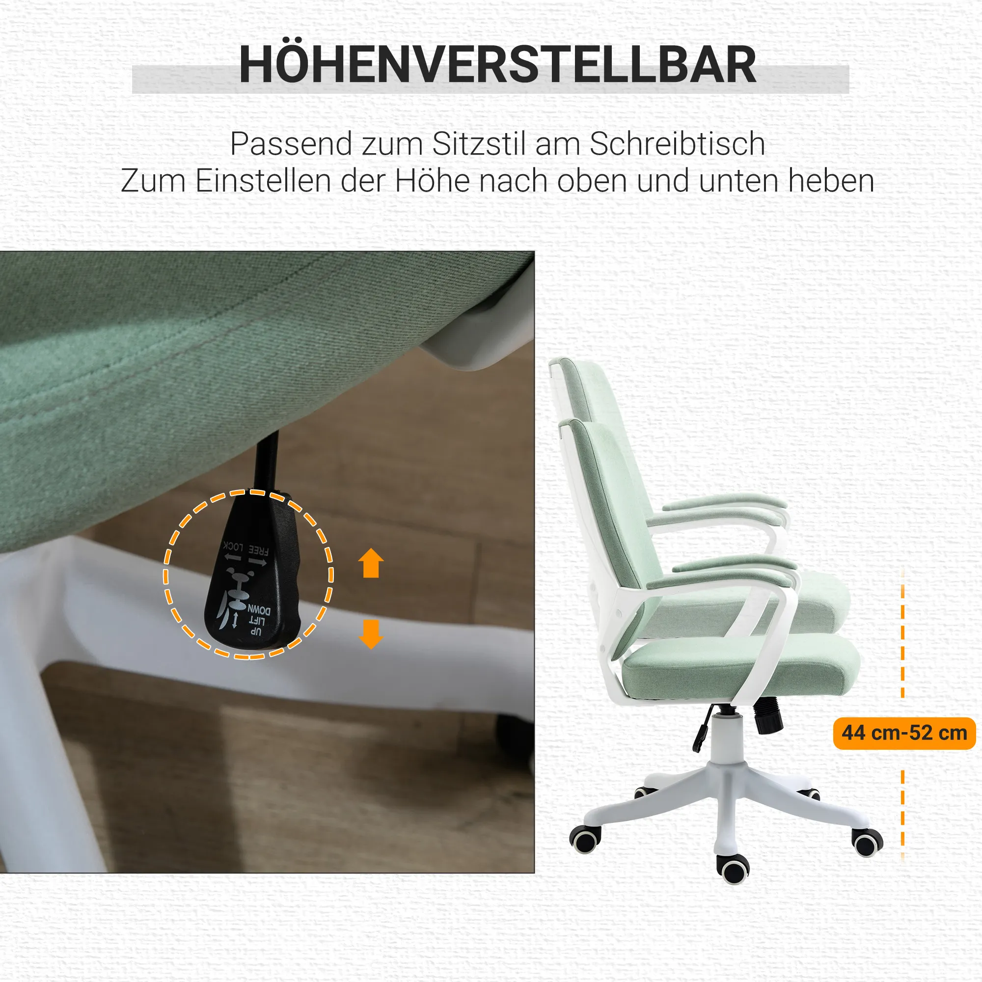 Bürostuhl Schreibtischstuhl Home-Office-Stuhl mit Wippenfunktion Rückenlehne höhenverstellbarer dick gepolstert ergonomisch 360°-Drehräder Polyester Nylon PP Grün+Weiß 62x69x92-100 cm