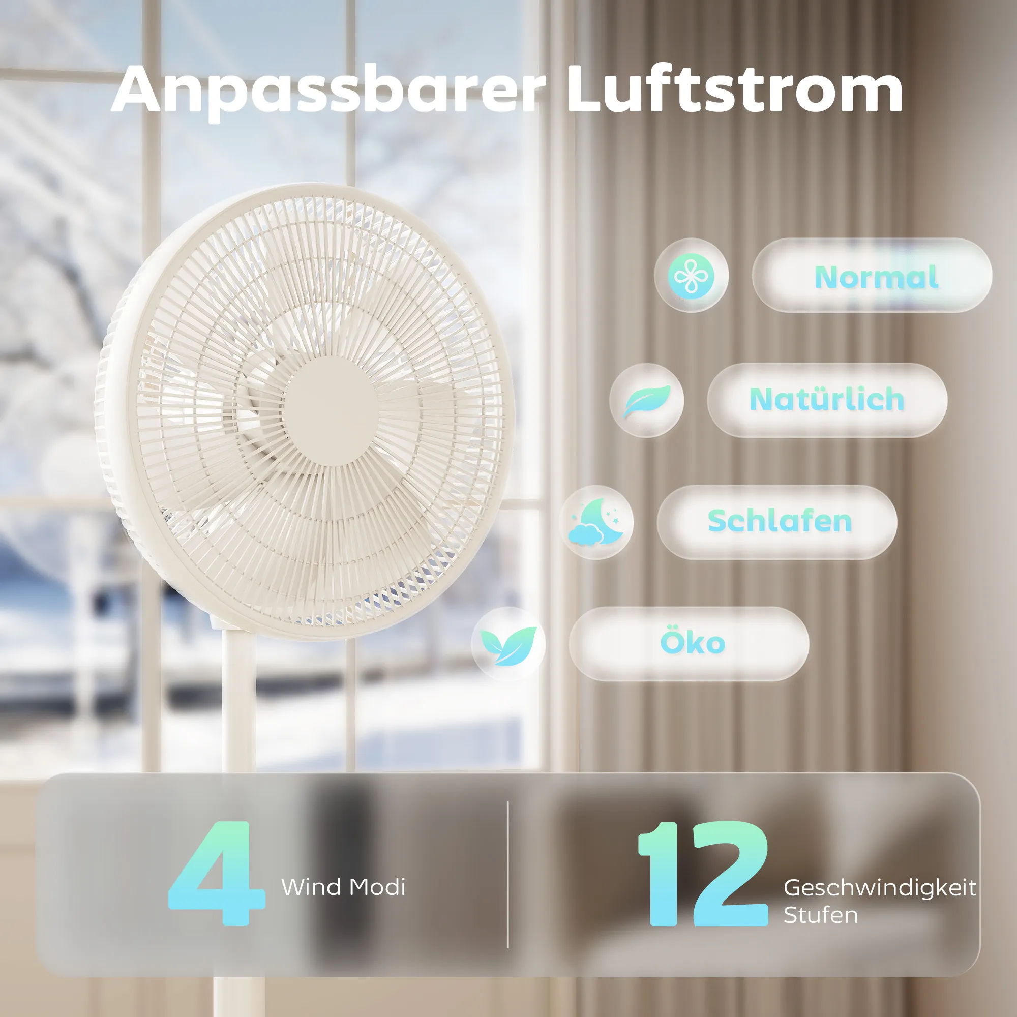 Standventilator mit Fernbedienung und 12 Geschwindigkeiten, Bodenventilator mit verstellbarer Höhe für Schlafzimmer Weiß
