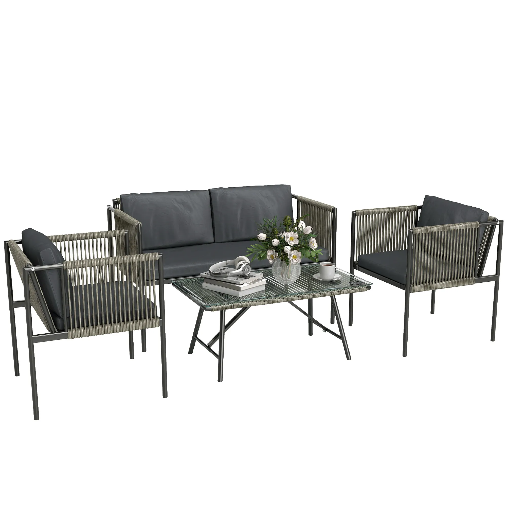 4-teiliges Gartenmöbel-Set, 1 Sofa, 2 Sessel, 1 Tisch mit Glasplatte, Kissen, Stahlrahmen, Kunststoff-Rattan, Grau