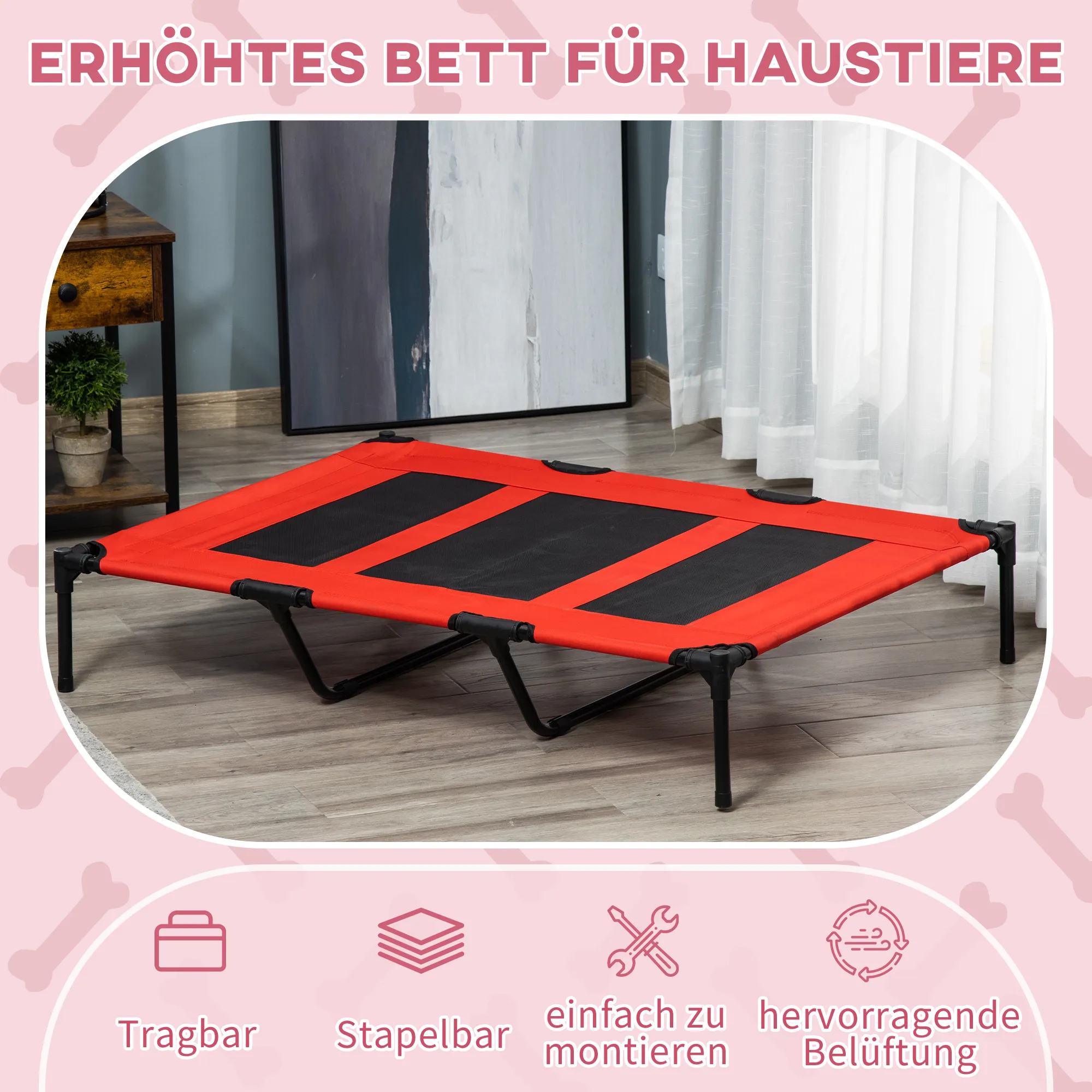Hundeliege Outdoor erhöht, Oxford & Texteline, 122x92x23 cm, Rot