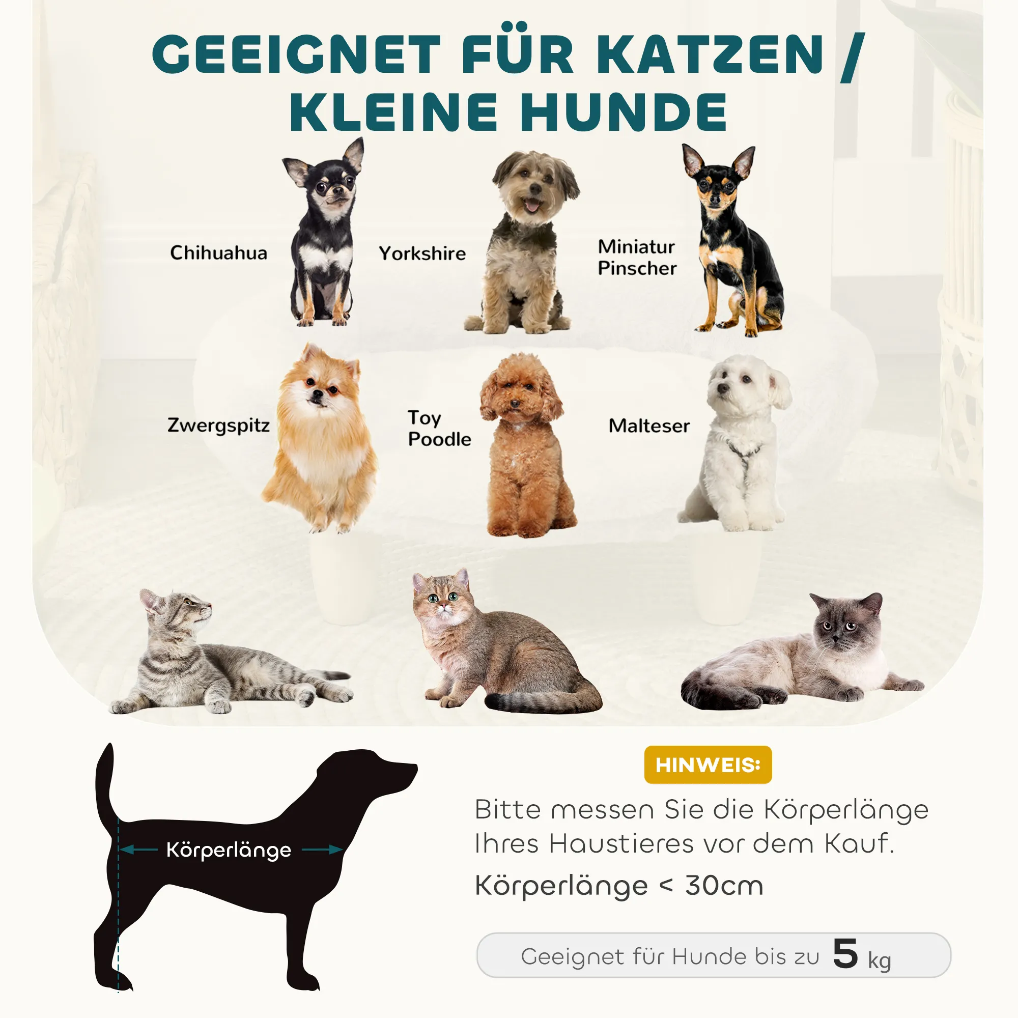 Haustierbett für Katzen und Hunde, Plüsch, 47x40x20 cm, Cremeweiß