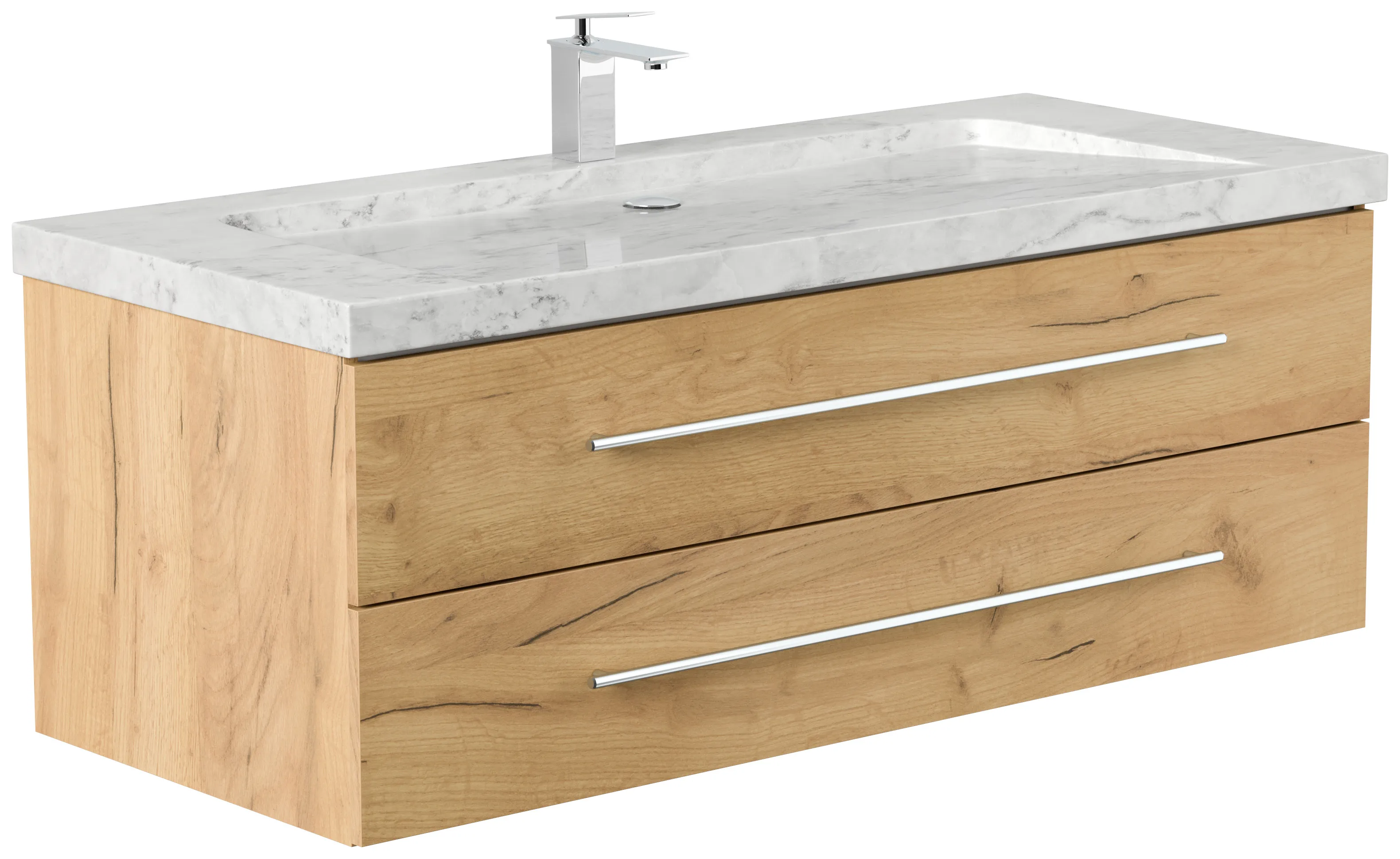 Badmöbel Marmor Carrara White YAMO 130 cm 1 Hahnloch SoftClose eiche gold