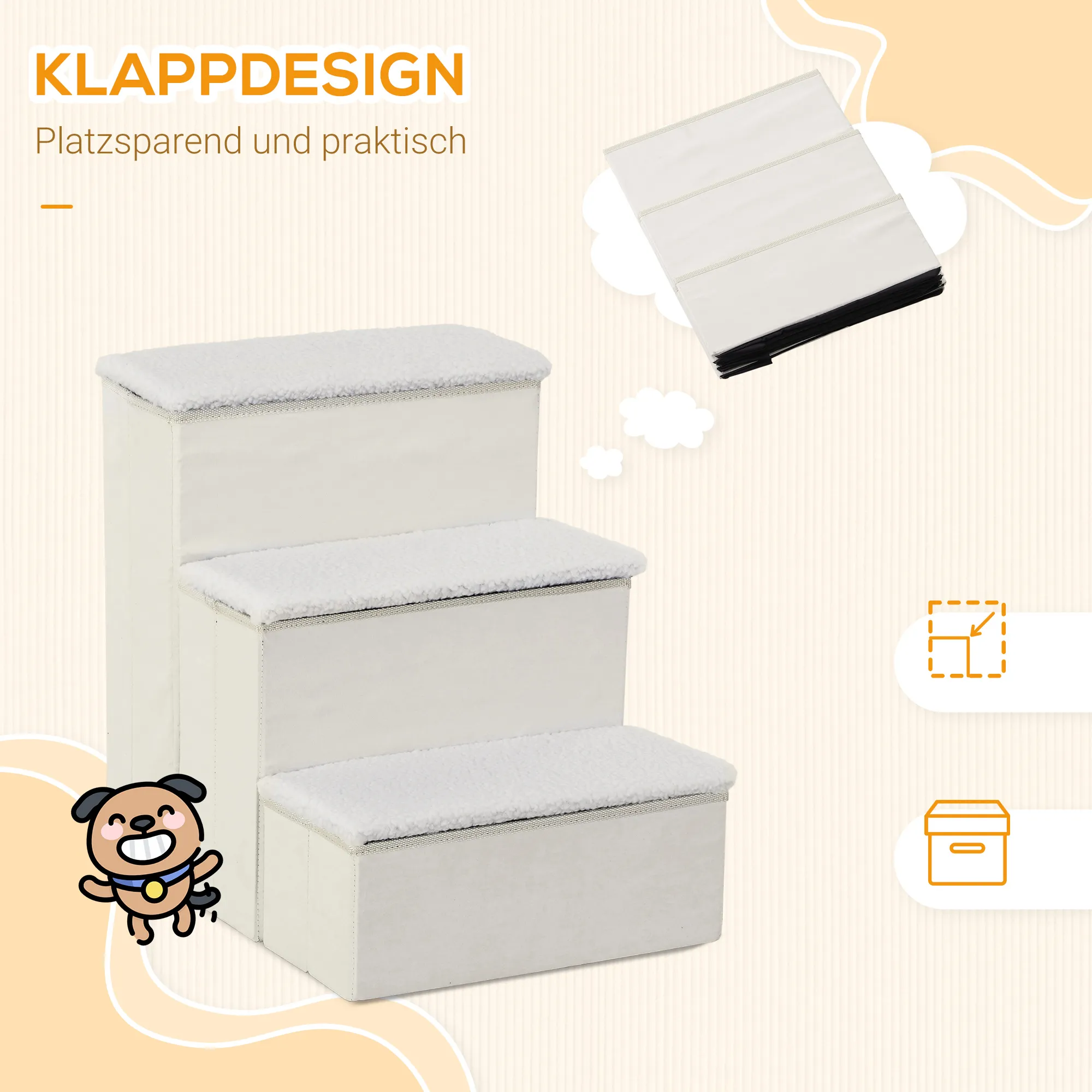 Hundetreppe 3 Stufen klappbar mit Stauraum, Weiß, 48 cm hoch