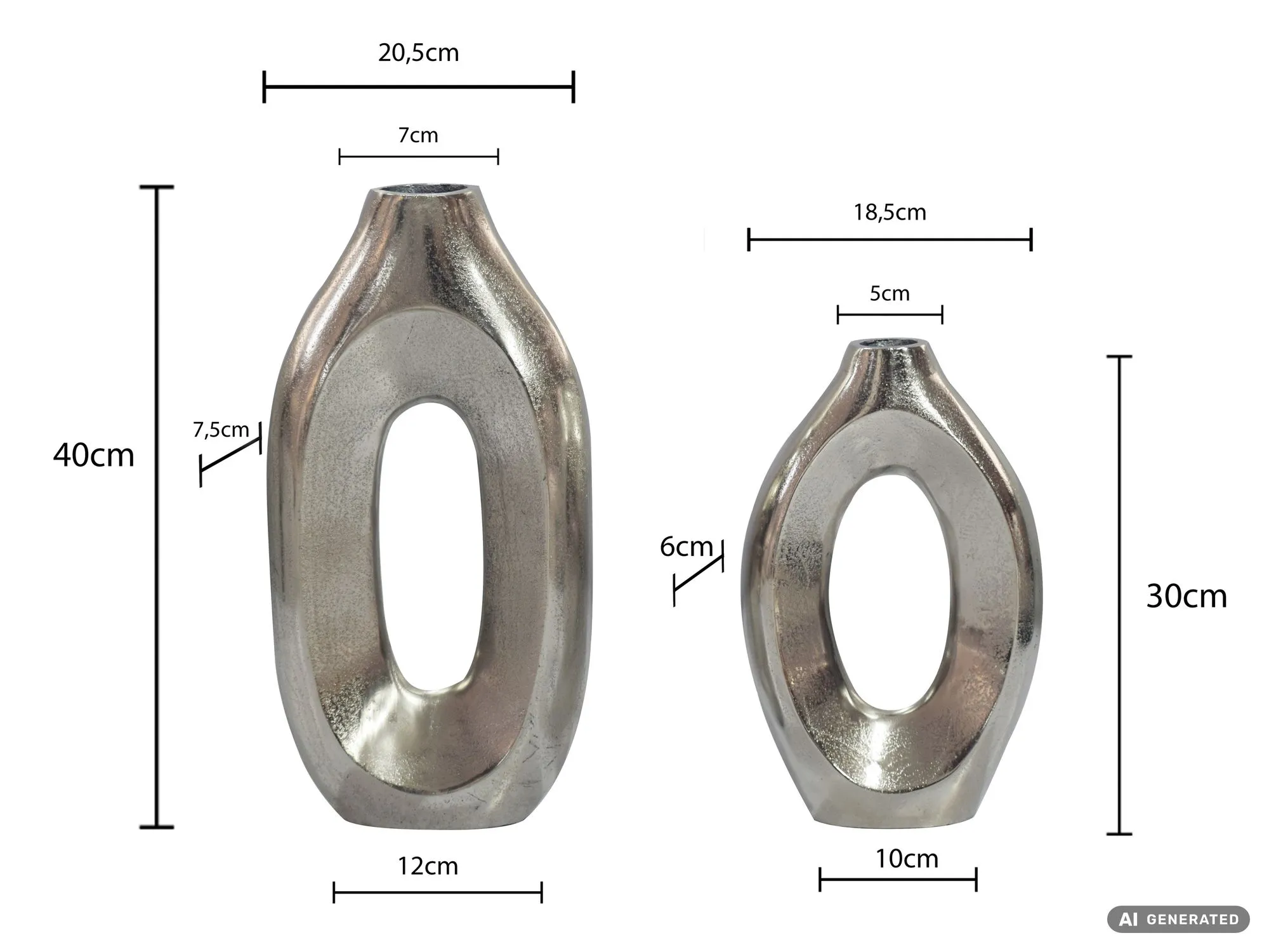 Dekovase 2er Set Metall Silber - Design Blumenvase Groß - Metallvase Modern - Standvase für Blumen und Trockenblumen Hoch - Wohnzimmer Deko - Wohndeko Handmade