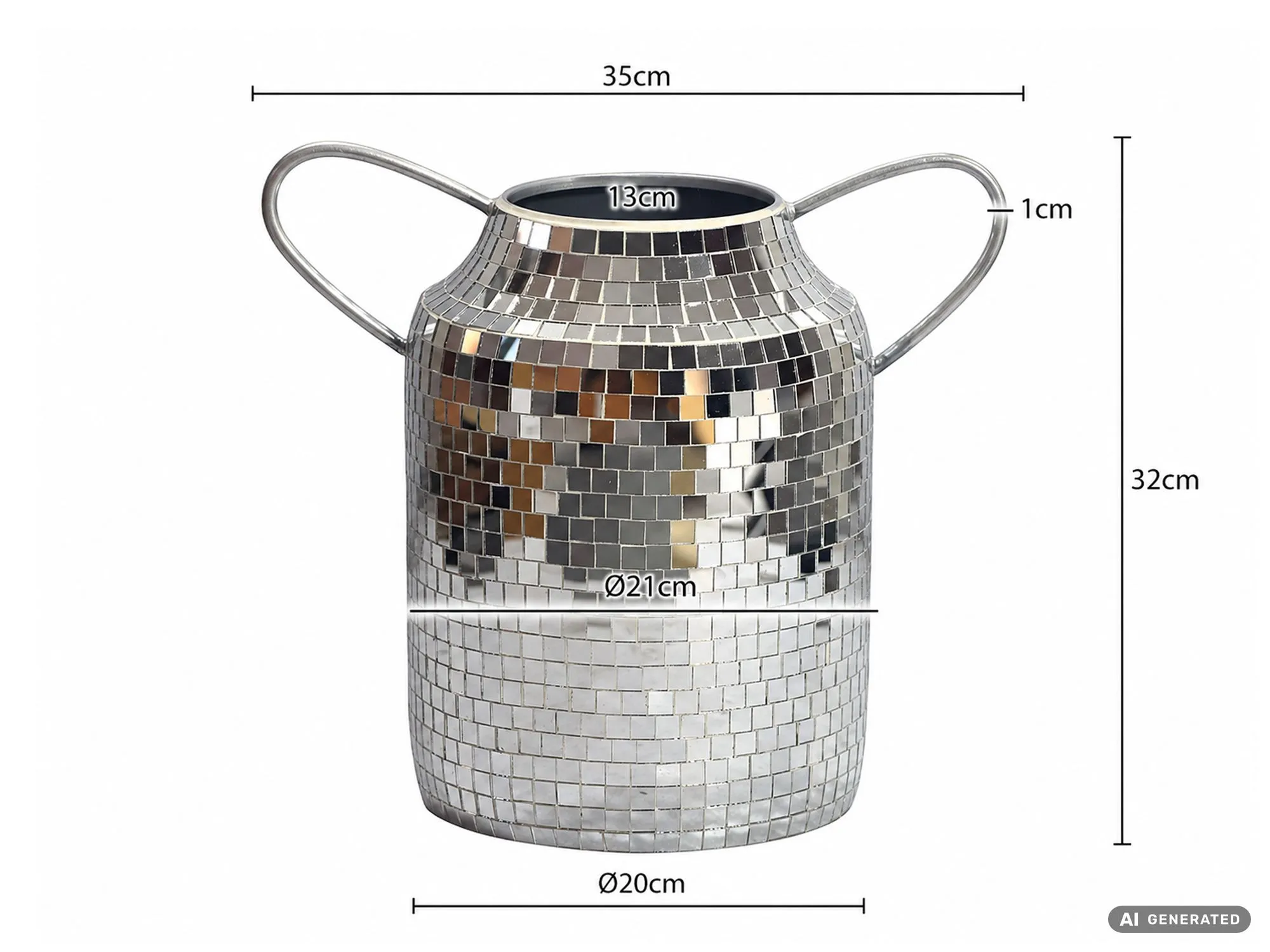 Tischvase Aluminium 32cm Silber - Blumenvase mit Henkel - Metallvase im Discokugel Design Modern - Dekovase rund für Trockenblumen - Alu Standvase Vase Hoch - Wohndeko Handmade