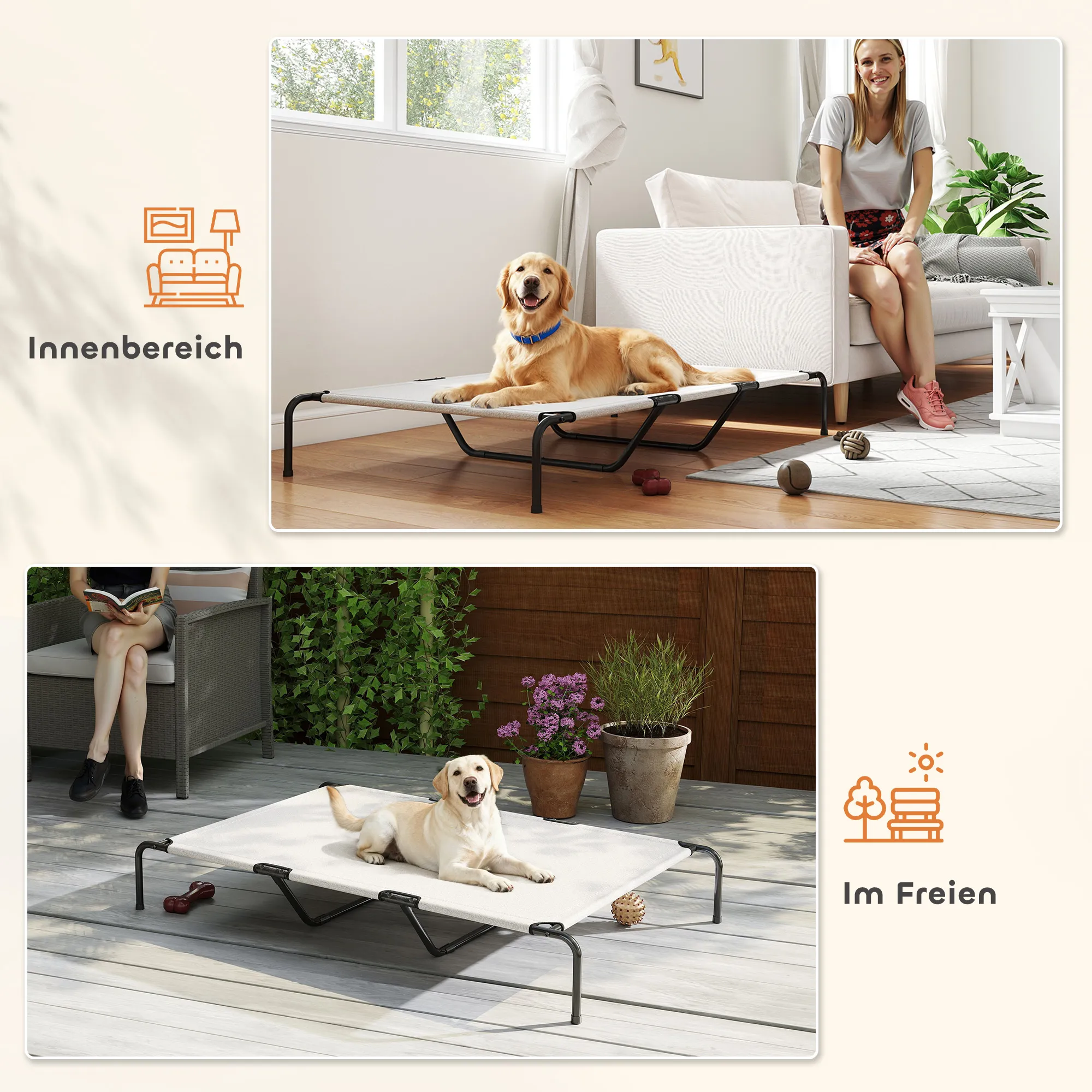 Hundebett Outdoor erhöht für große Hunde, Stahl, 152x94x23 cm, Beige