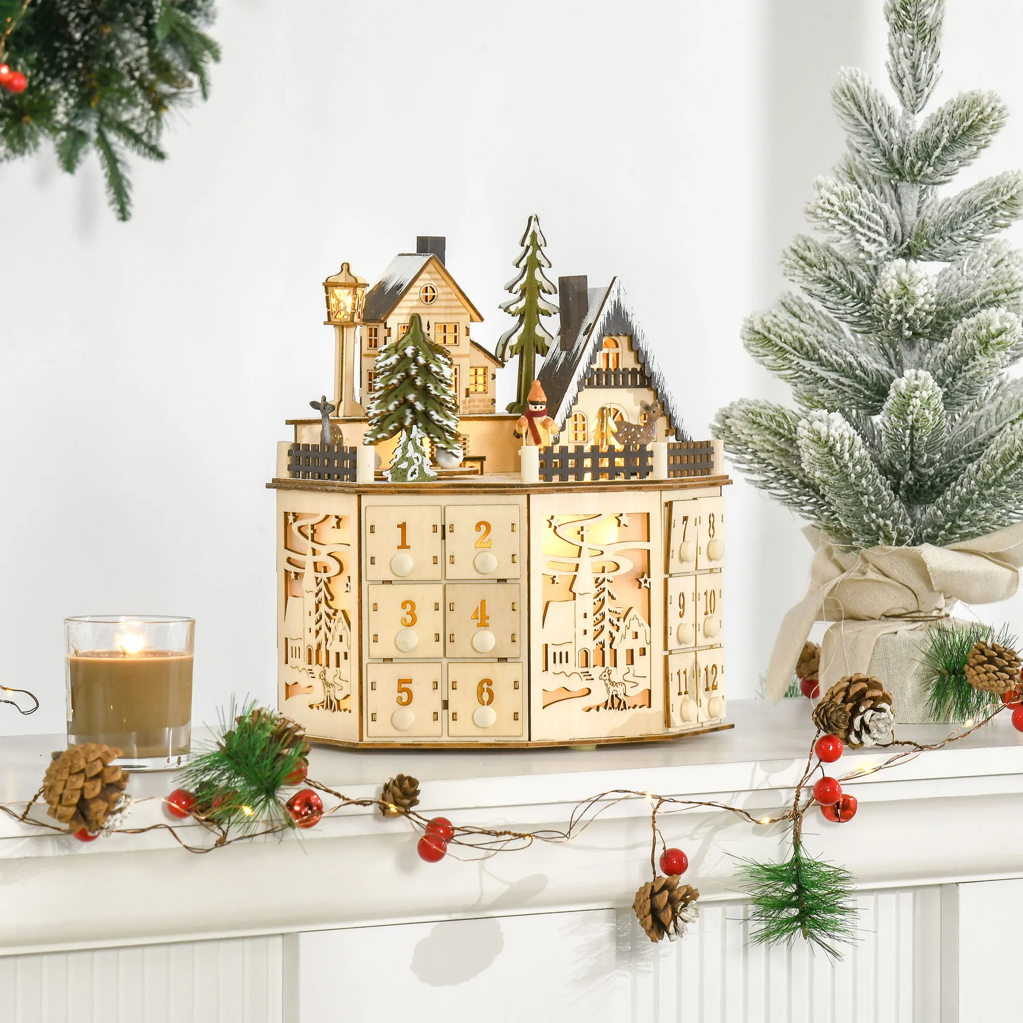 Adventskalender Adventskalenderbox Weihnachtsdekoration, LED-Lichter, 24 Schubladen, Natur