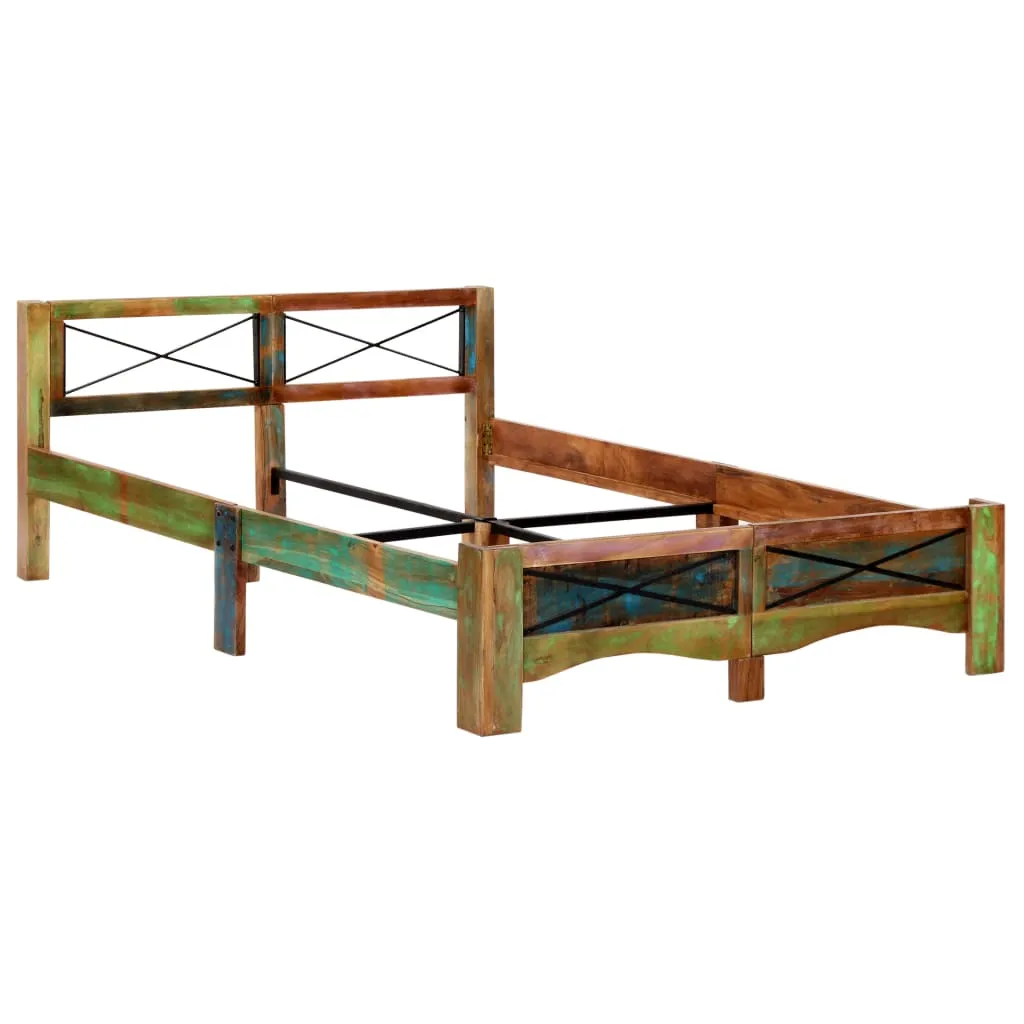 Vintage Bett aus massivem Altholz, 147 x 212 x 74 cm, poliert und lackiert