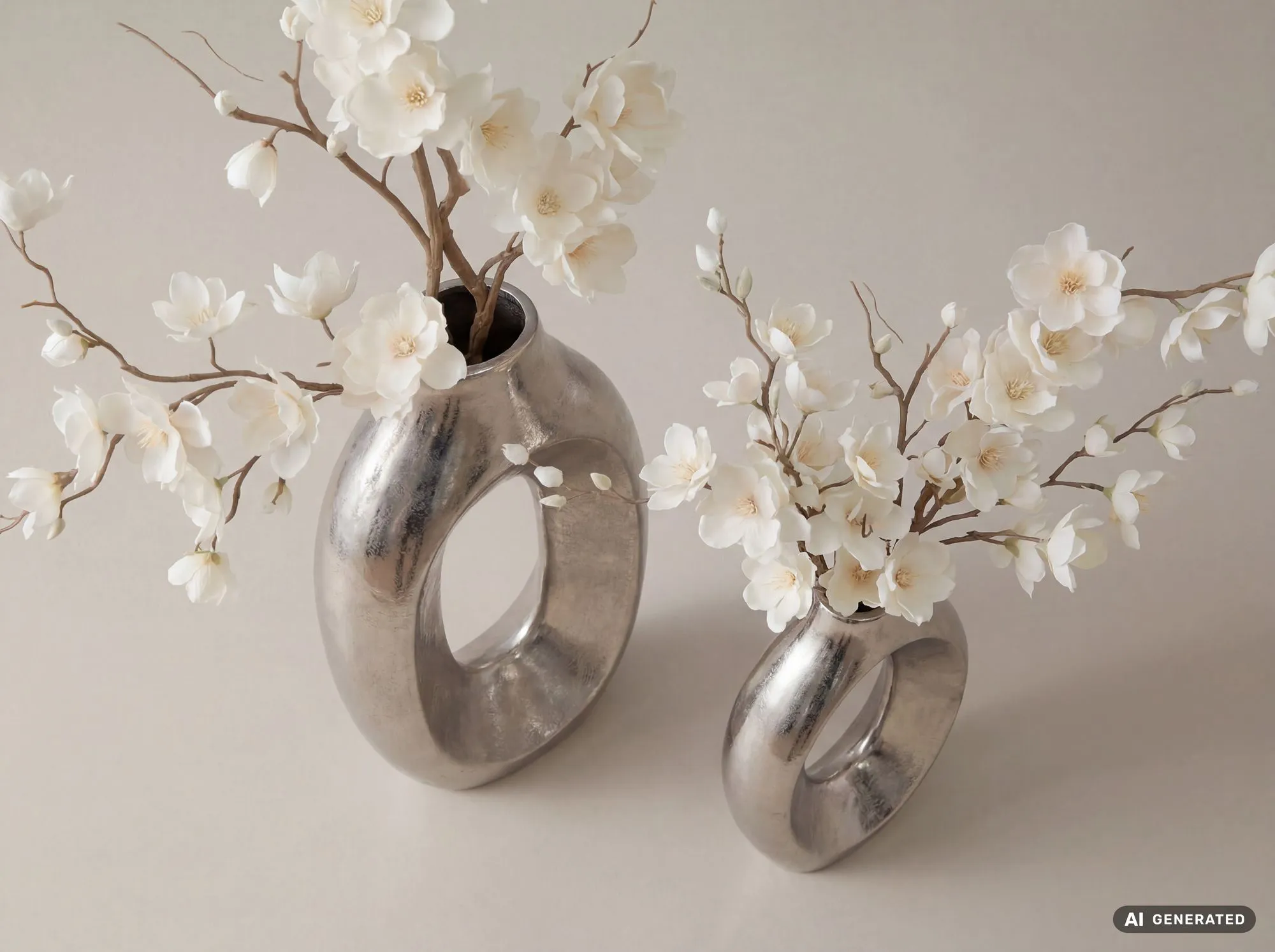 Dekovase 2er Set Metall Silber - Design Blumenvase Groß - Metallvase Modern - Standvase für Blumen und Trockenblumen Hoch - Wohnzimmer Deko - Wohndeko Handmade