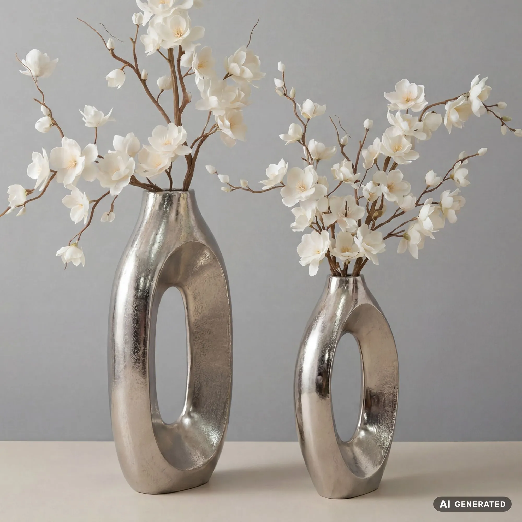 Dekovase 2er Set Metall Silber - Design Blumenvase Groß - Metallvase Modern - Standvase für Blumen und Trockenblumen Hoch - Wohnzimmer Deko - Wohndeko Handmade