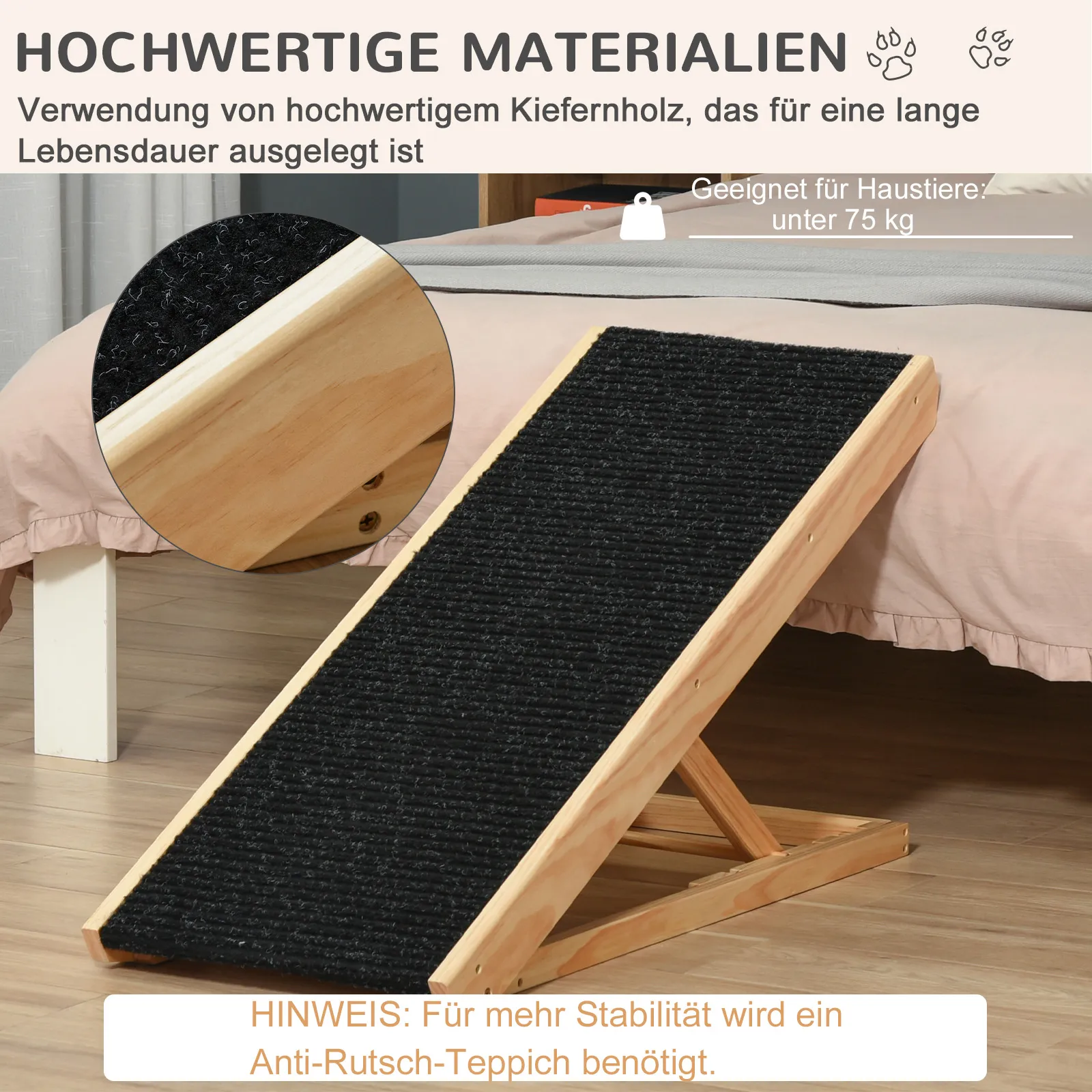 Haustierrampe aus Kiefernholz verstellbar, Schwarz+Naturholz 90cm