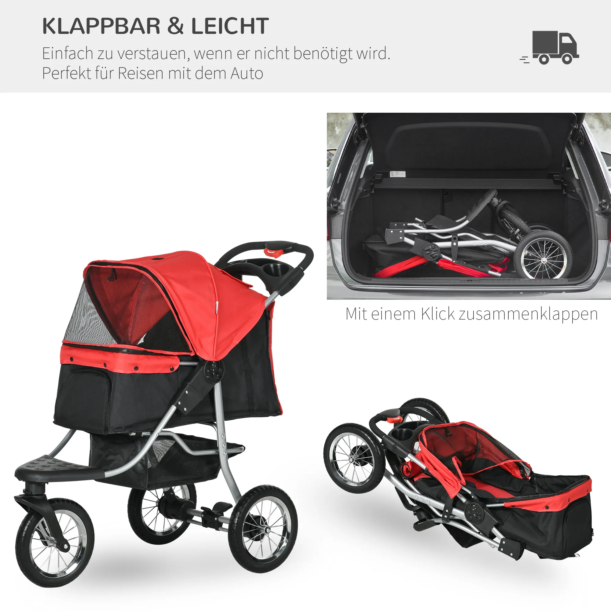 Hundewagen Hundebuggy klappbar aus Oxford-Stoff, Rot-Schwarz