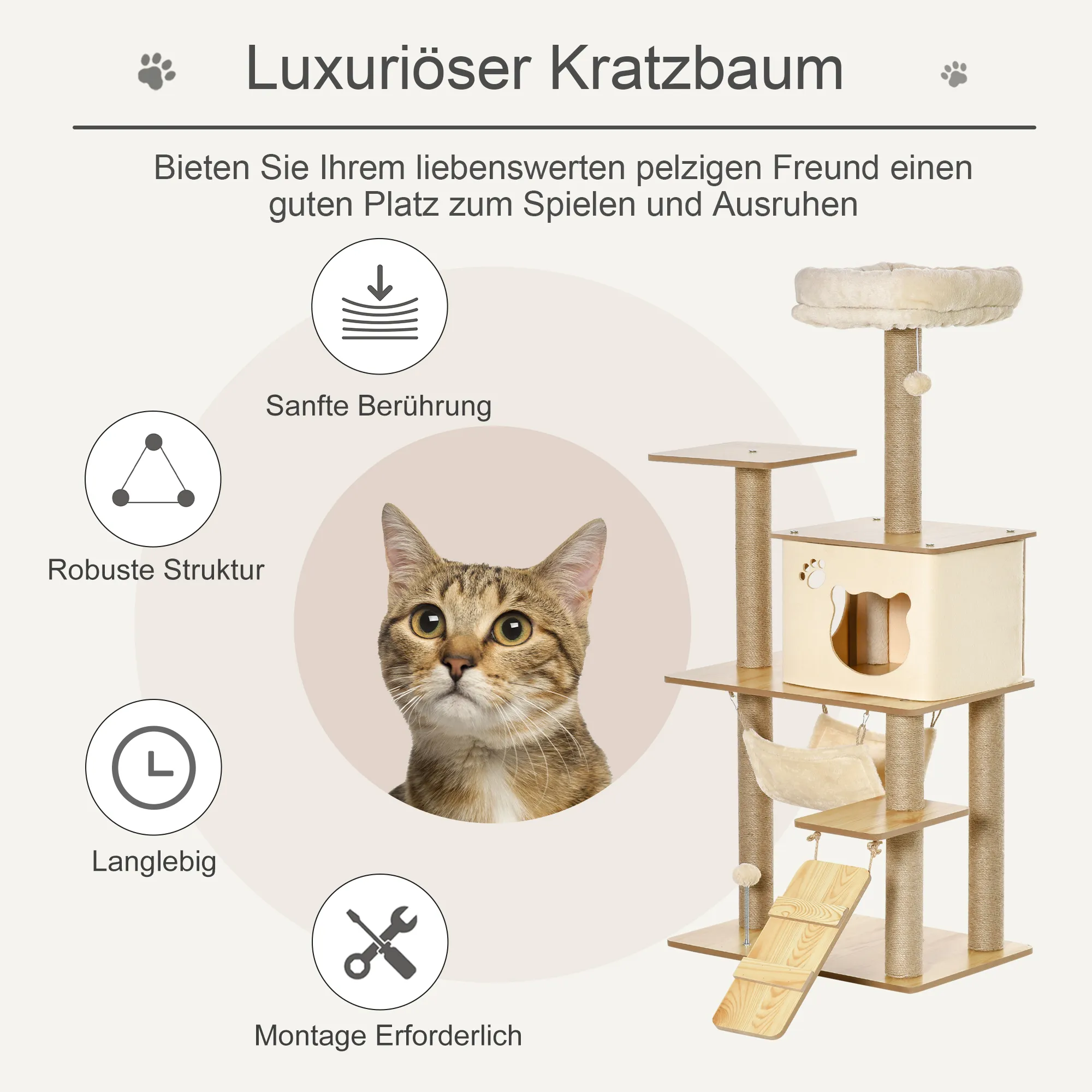 Kratzbaum für Katzen mit Höhle und Plattform, 130 cm, Gelb