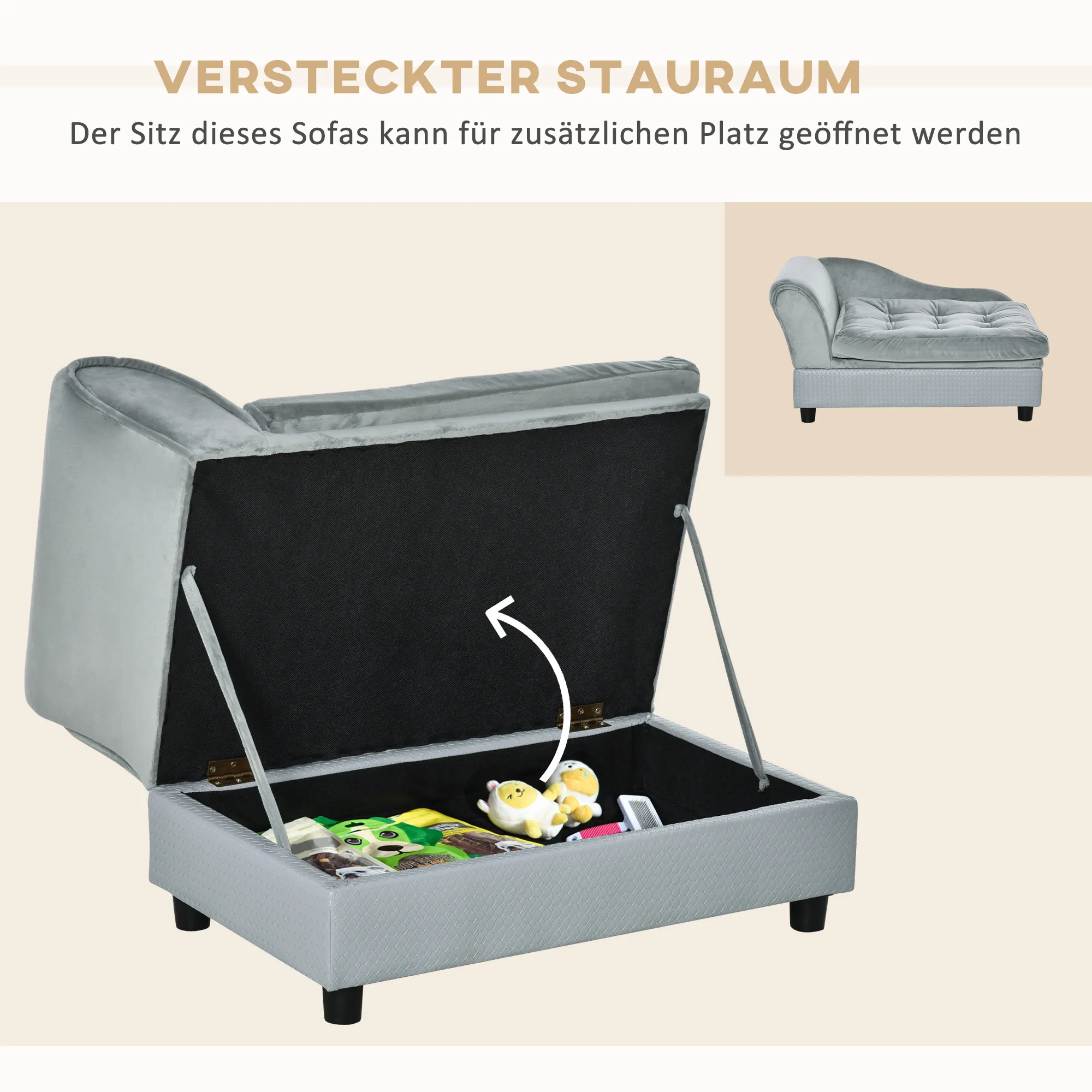 Haustiersofa mit Stauraum aus Plüsch, Holzrahmen, Hellgrau