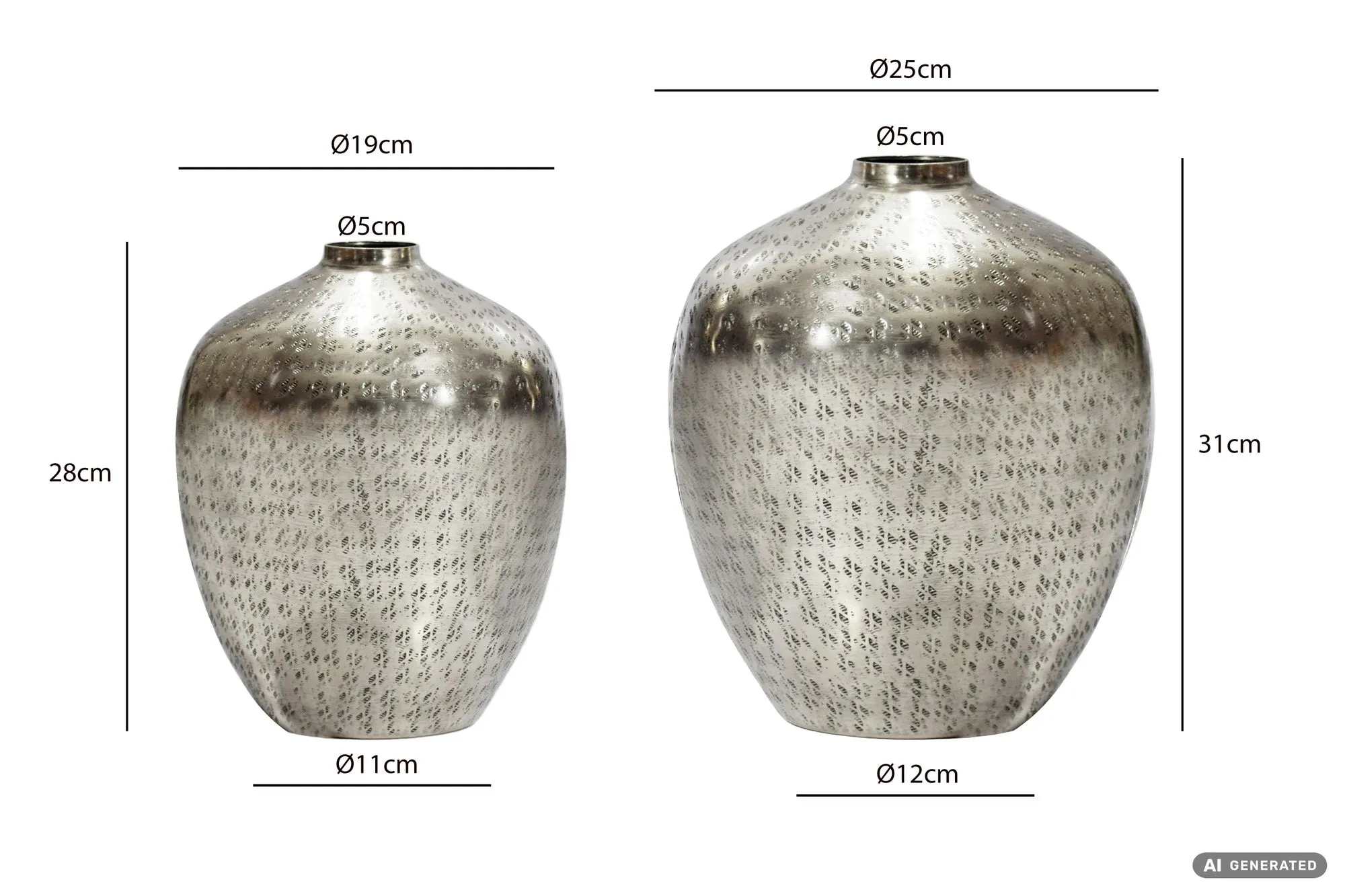 Tischvase 2er Set Aluminium Silber - Dekovase rund - Metall Vase modern - Wohnzimmer Deko Alu - Design Vase Tisch Dekoration Handmade